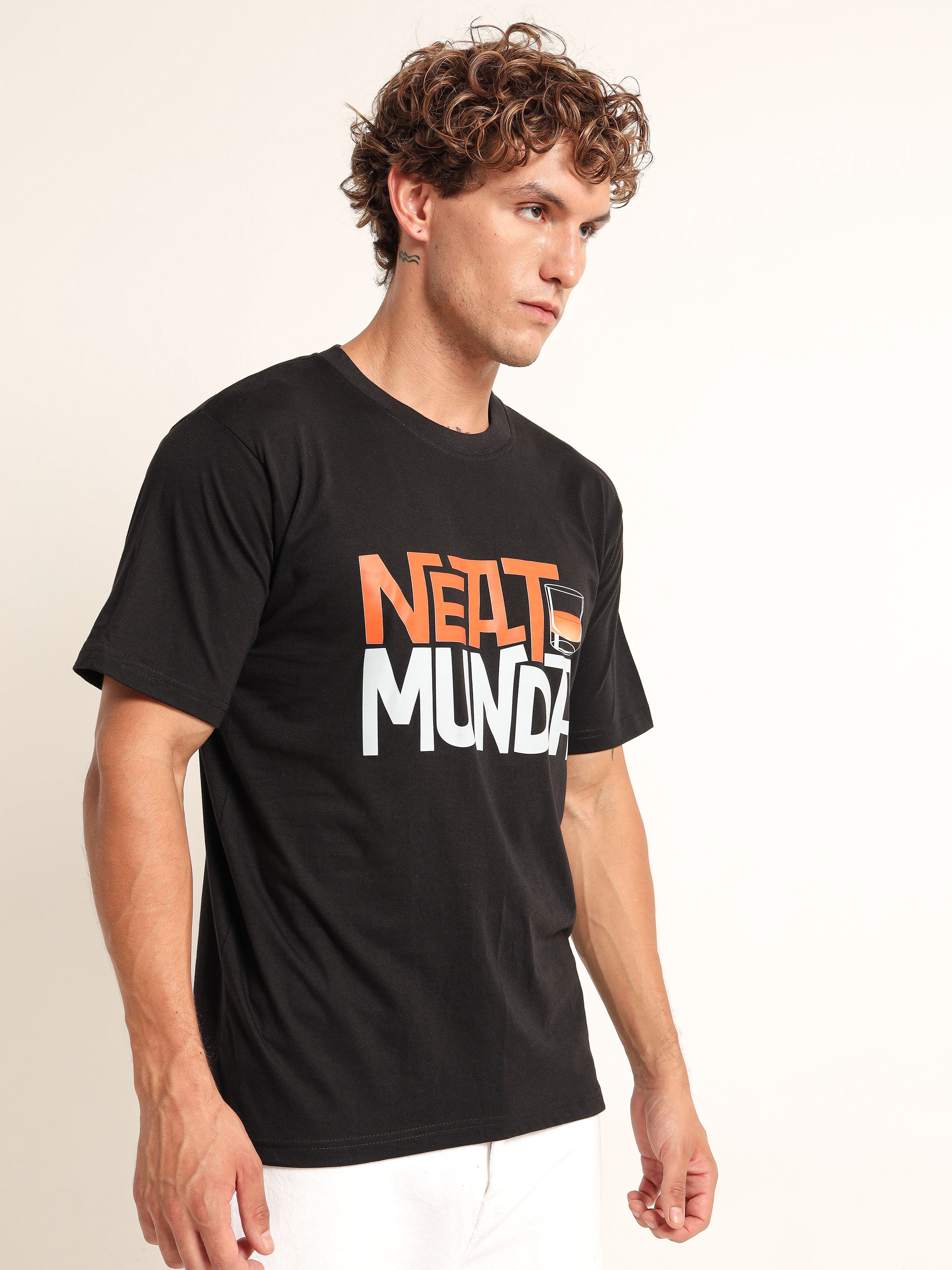 Men's Black and Orange Neat Munda Graphic T-Shirt