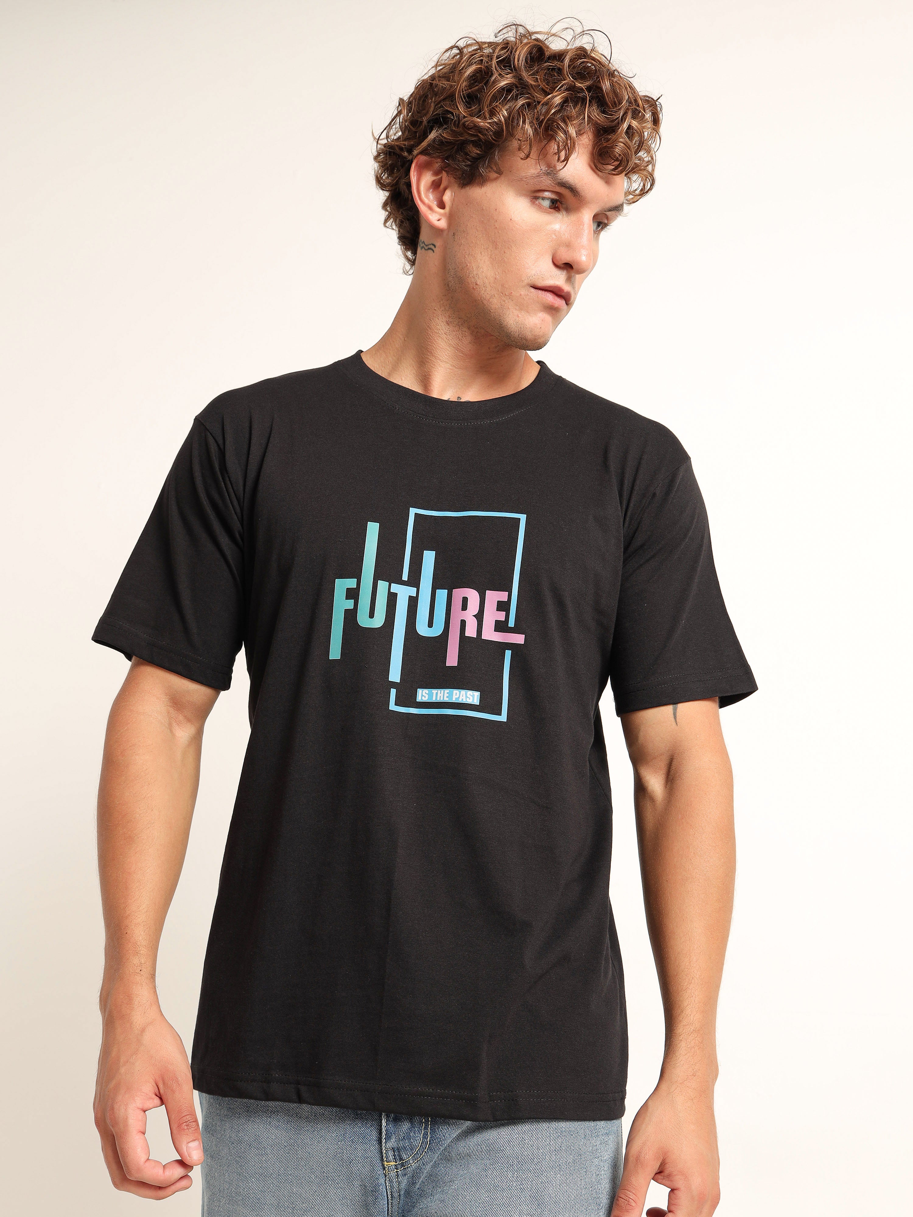 Men's Black and Multi-Color Future Graphic T-Shirt