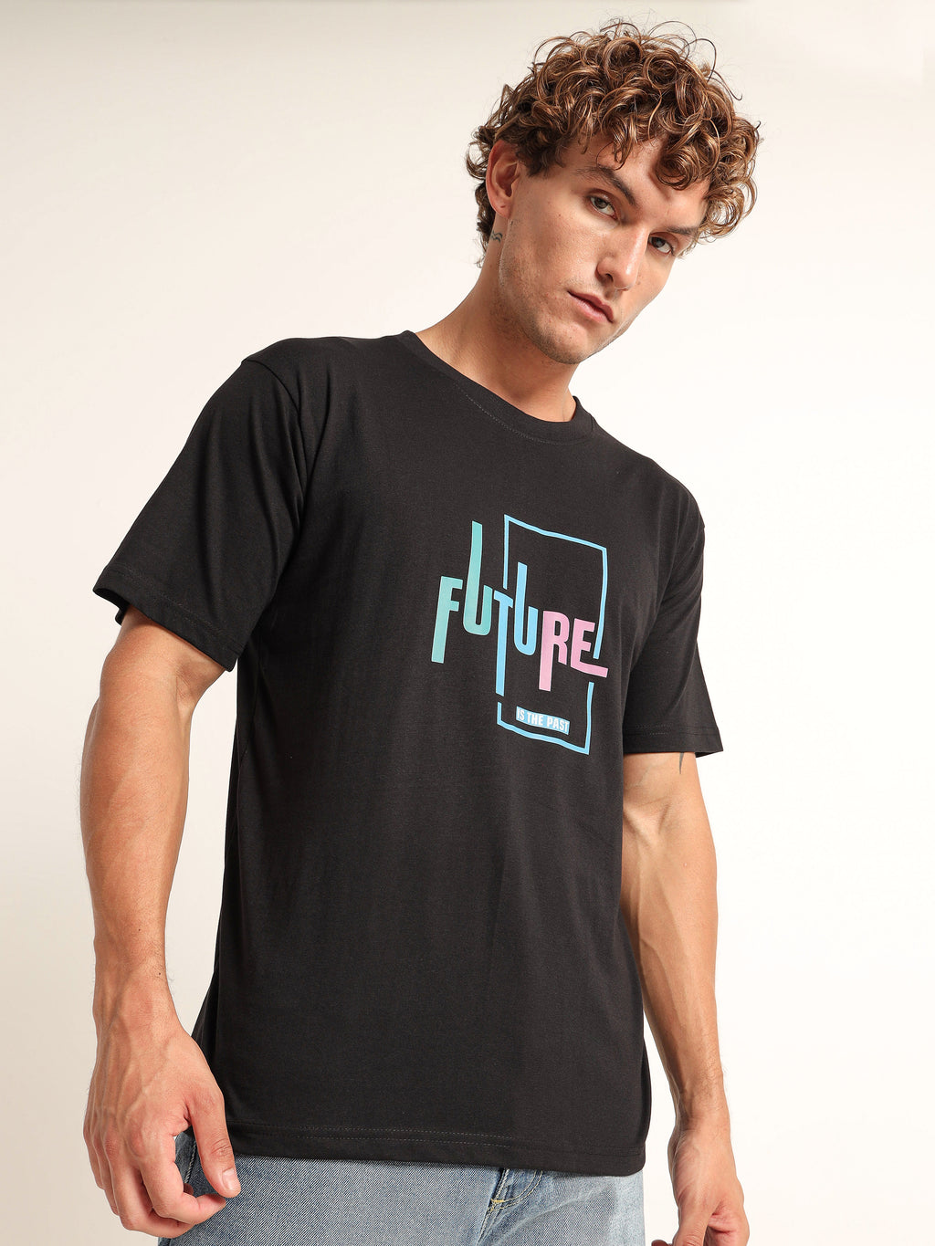 Men's Black and Multi-Color Future Graphic T-Shirt