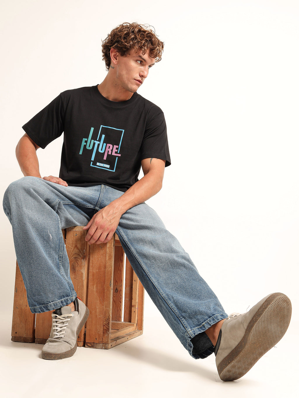 Men's Black and Multi-Color Future Graphic T-Shirt