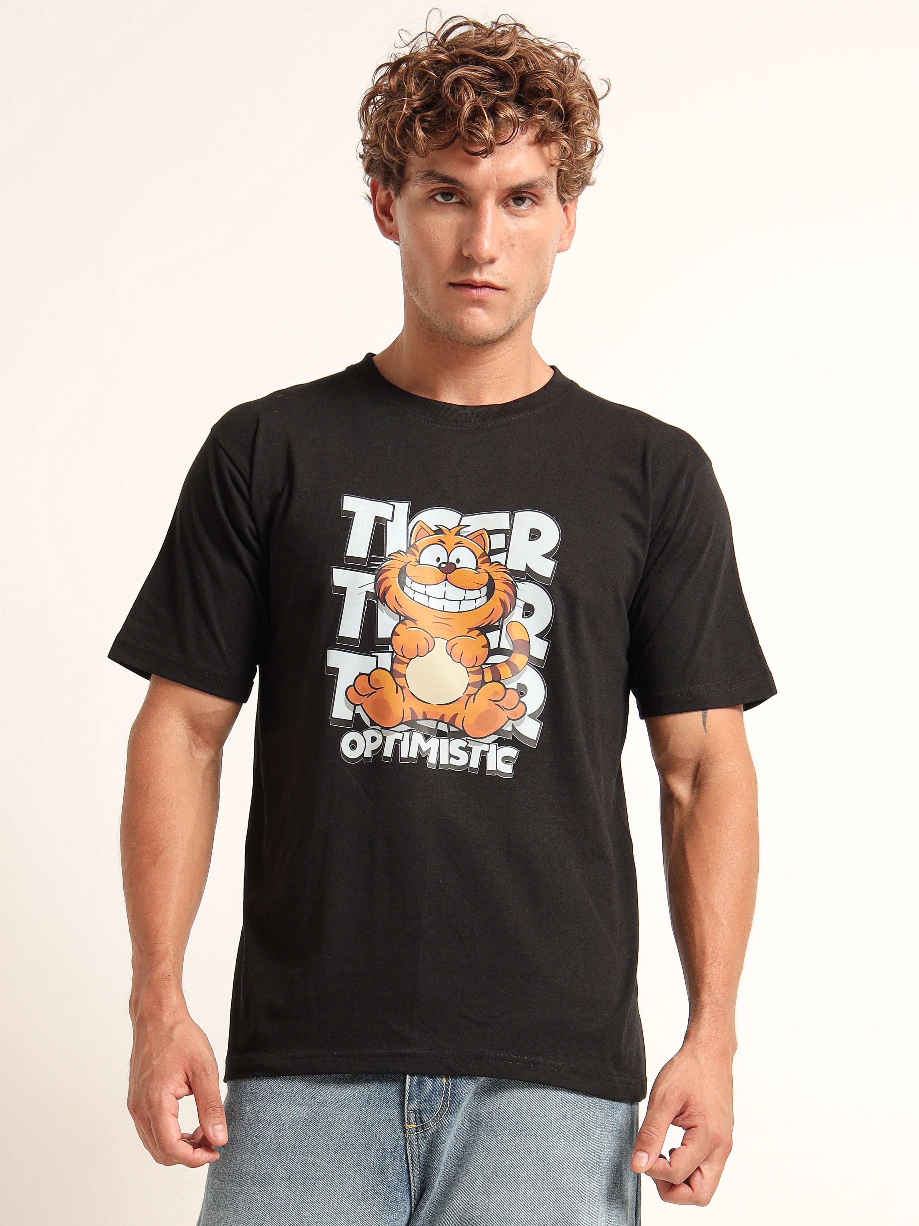Men's Black and Multi-Color Optimistic Tiger T-Shirt