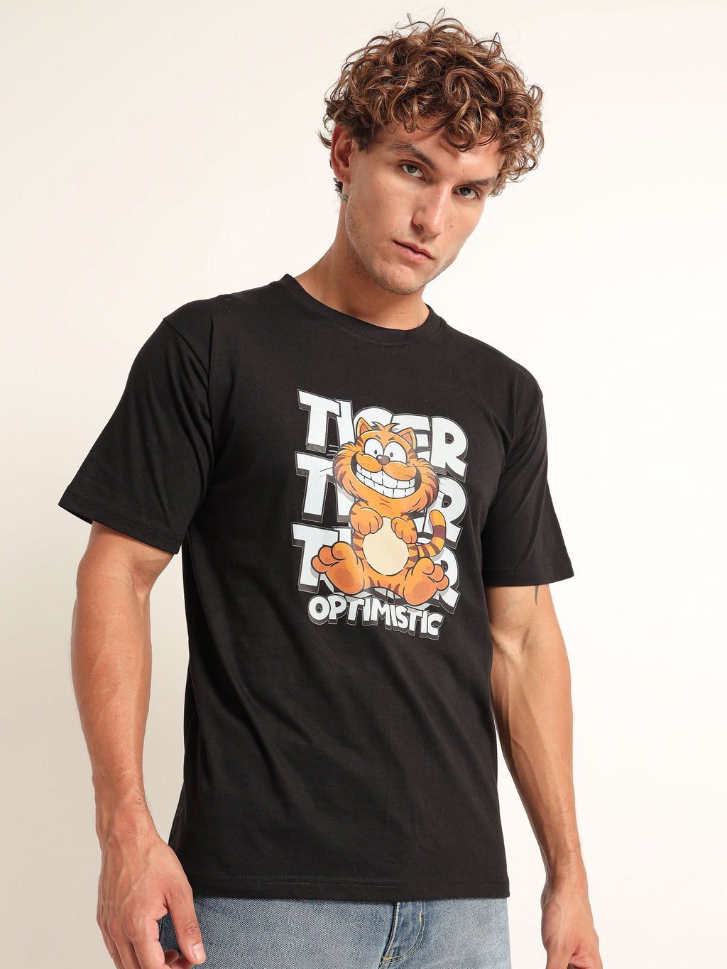 Men's Black and Multi-Color Optimistic Tiger T-Shirt