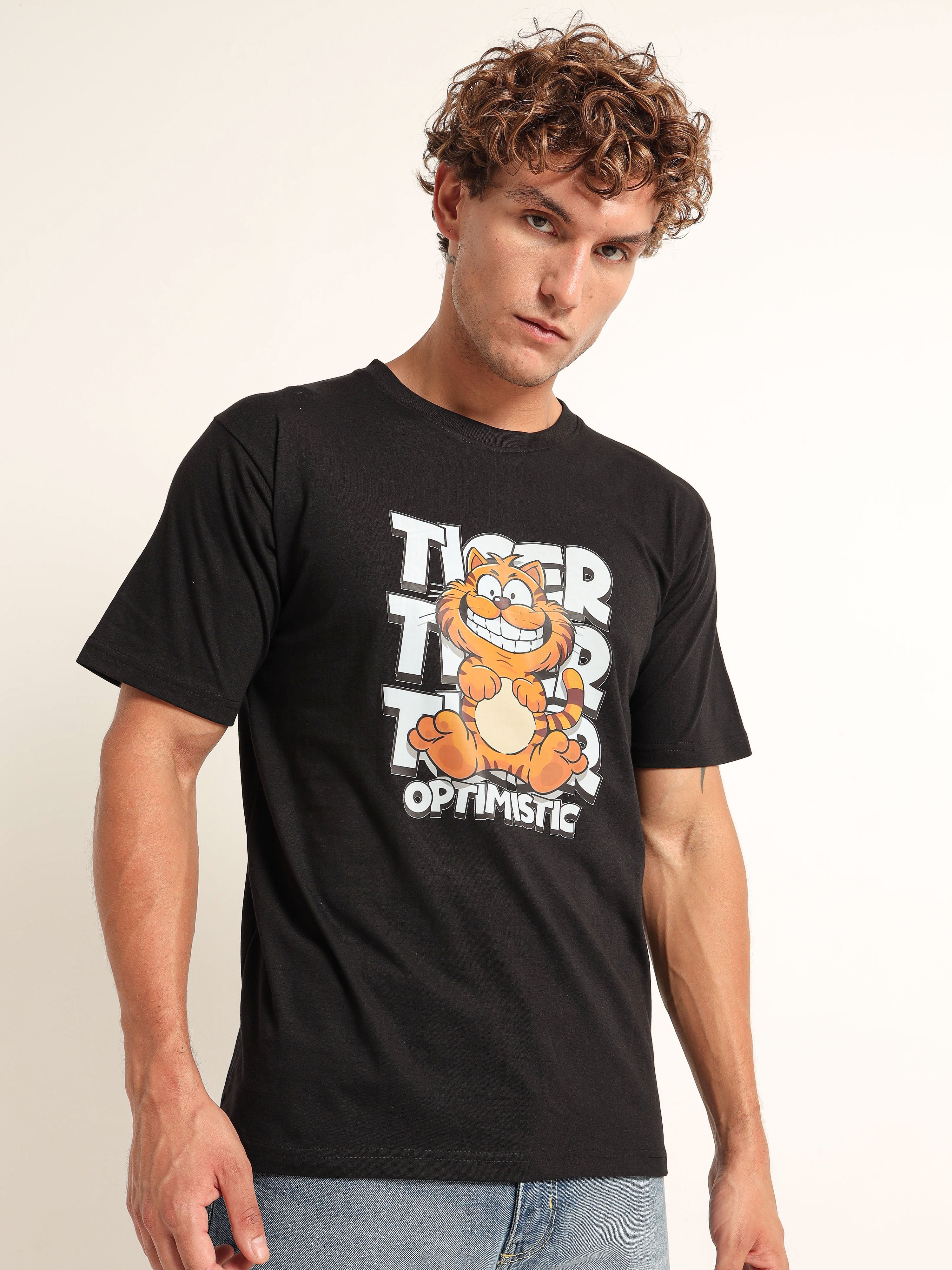 Men's Black and Multi-Color Optimistic Tiger T-Shirt