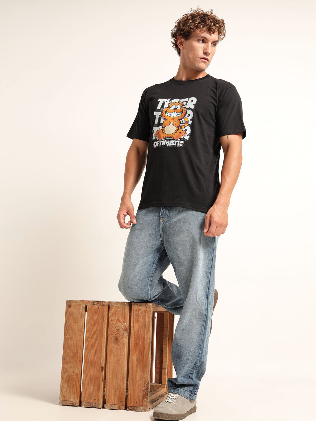 Men's Black and Multi-Color Optimistic Tiger T-Shirt