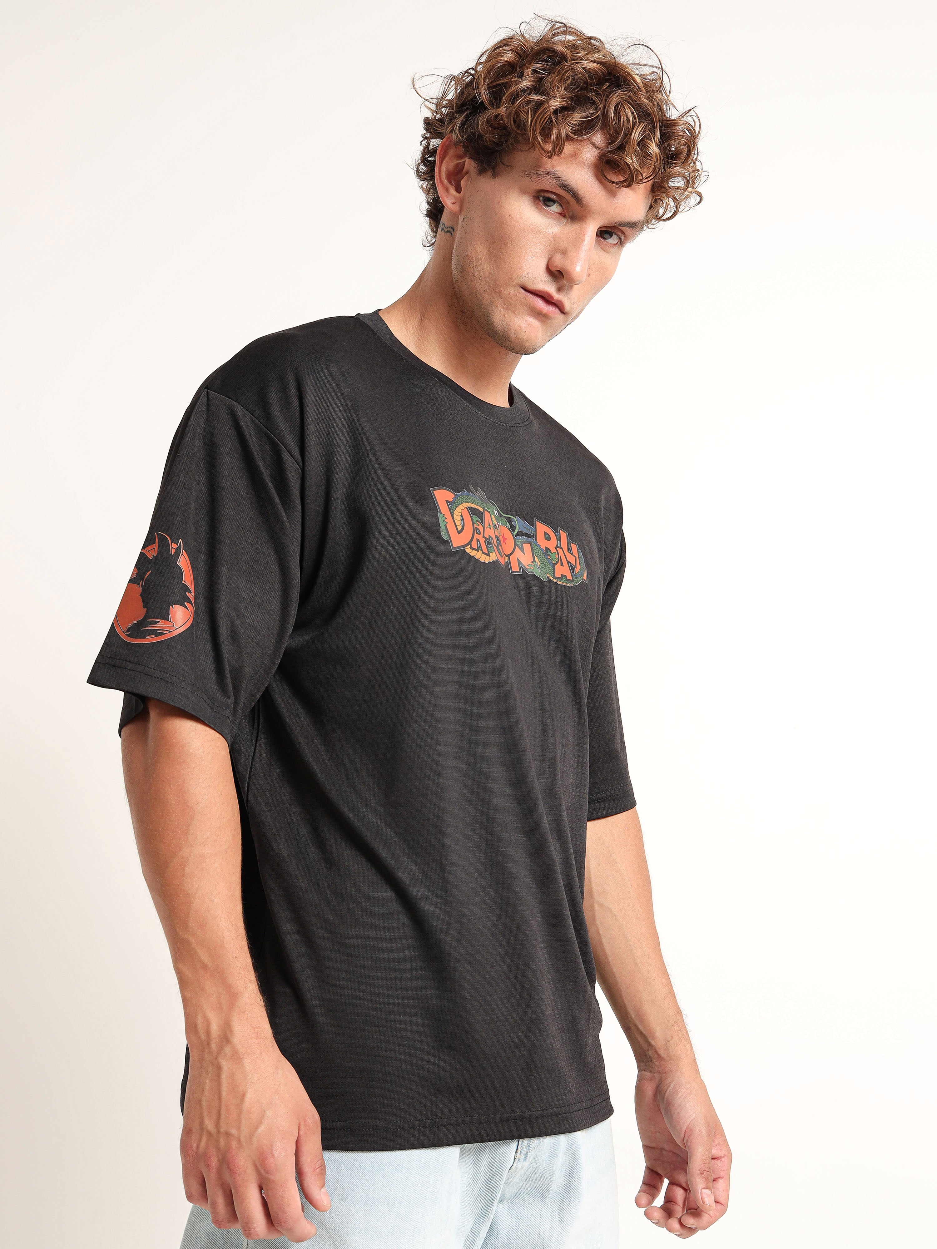 Men's Black Dragon Ball Z Character Print Oversized T-Shirt