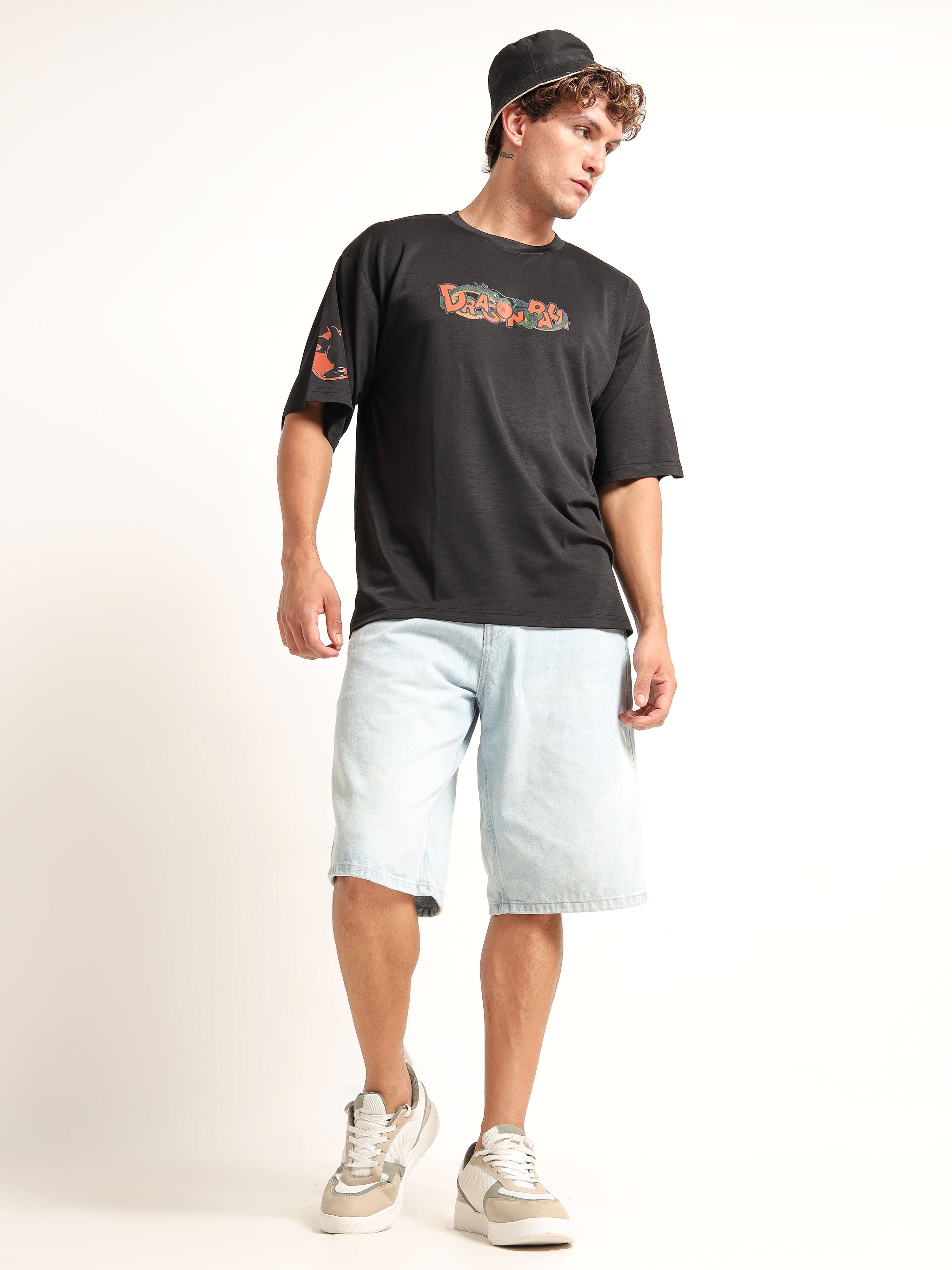 Men's Black Dragon Ball Z Character Print Oversized T-Shirt