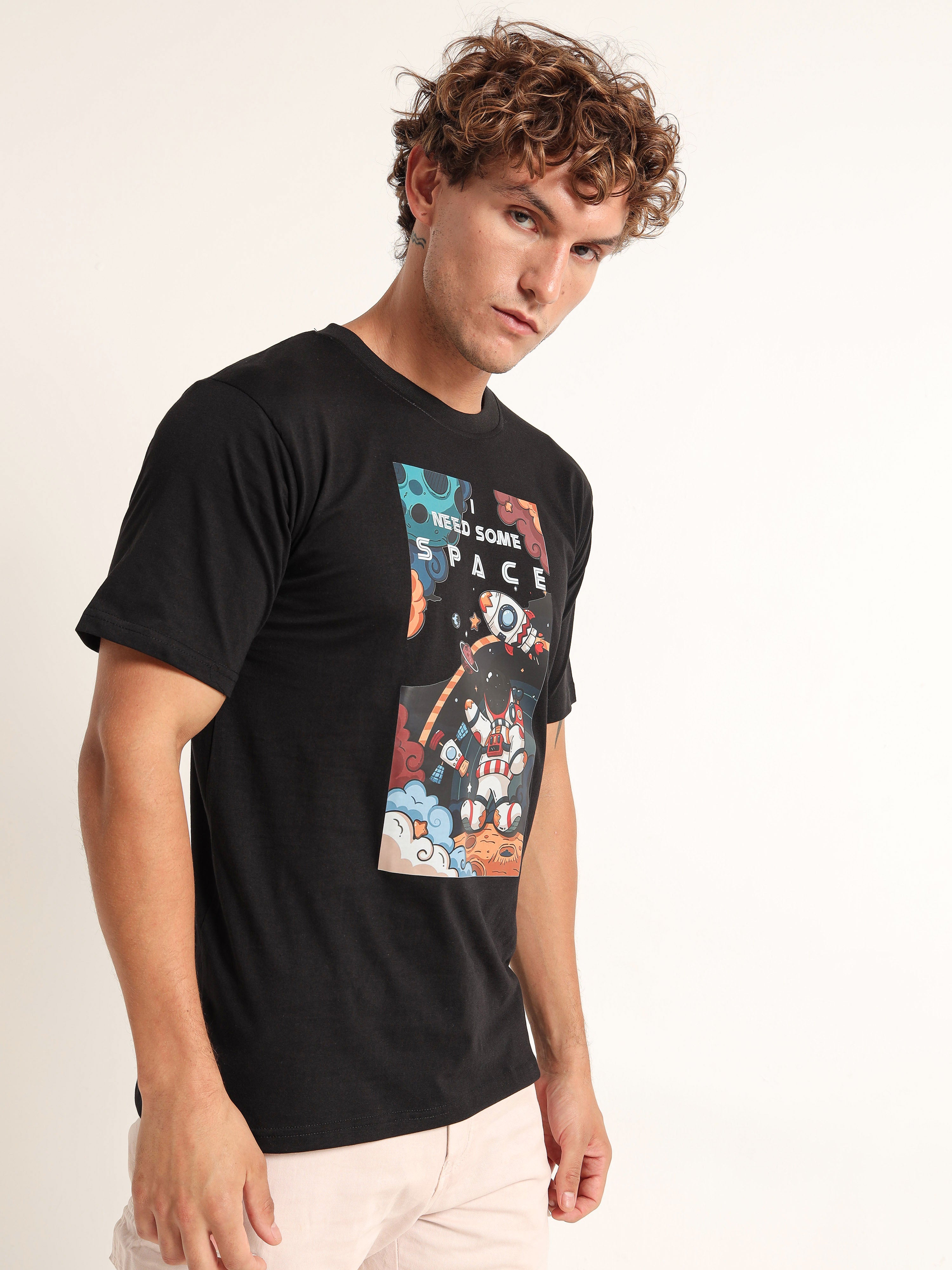 Men's Black and Multi-Color Need Some Space Graphic T-Shirt