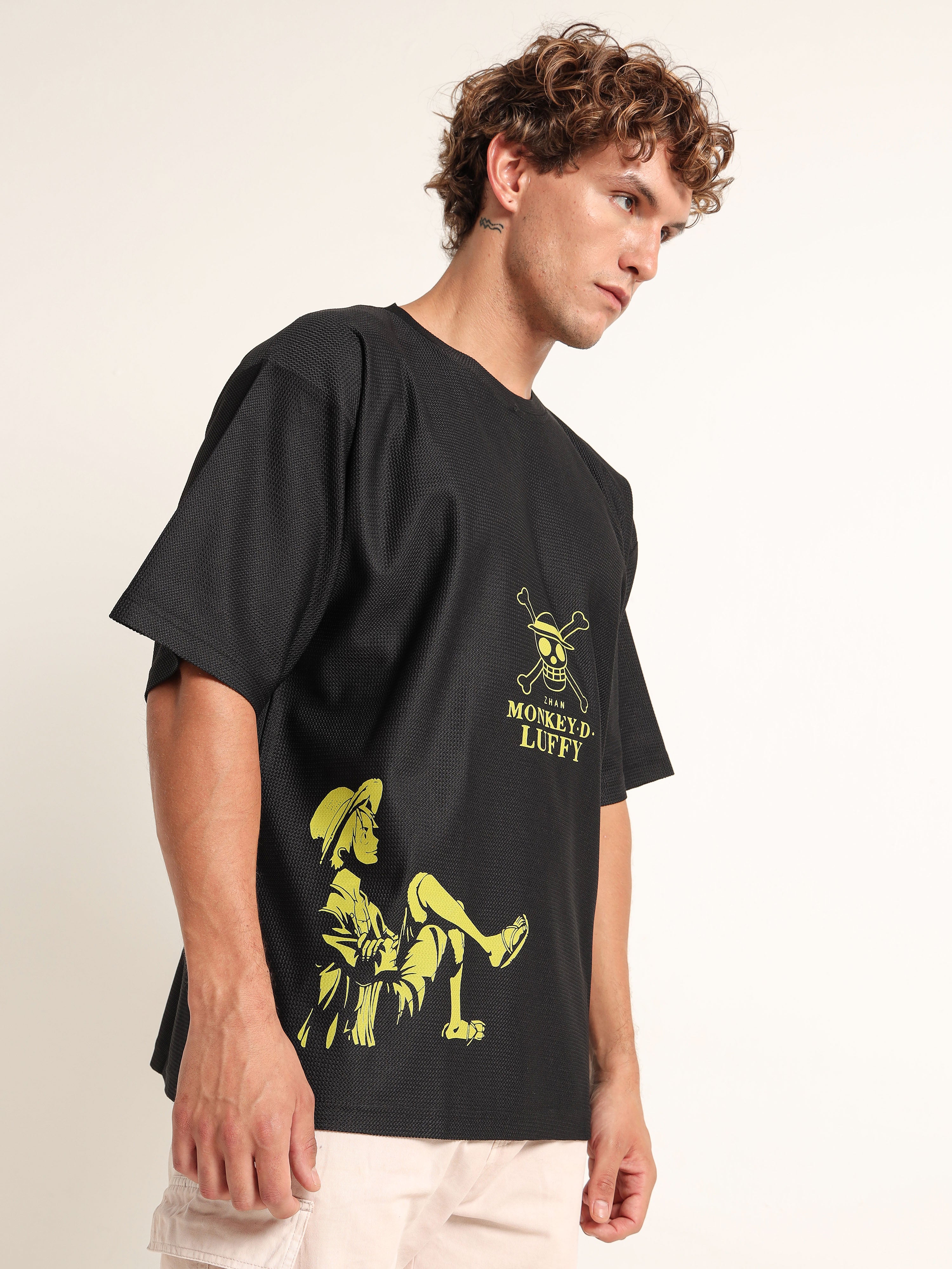 Black Oversized “Monkey D. Luffy” Minimal Graphic Tee
