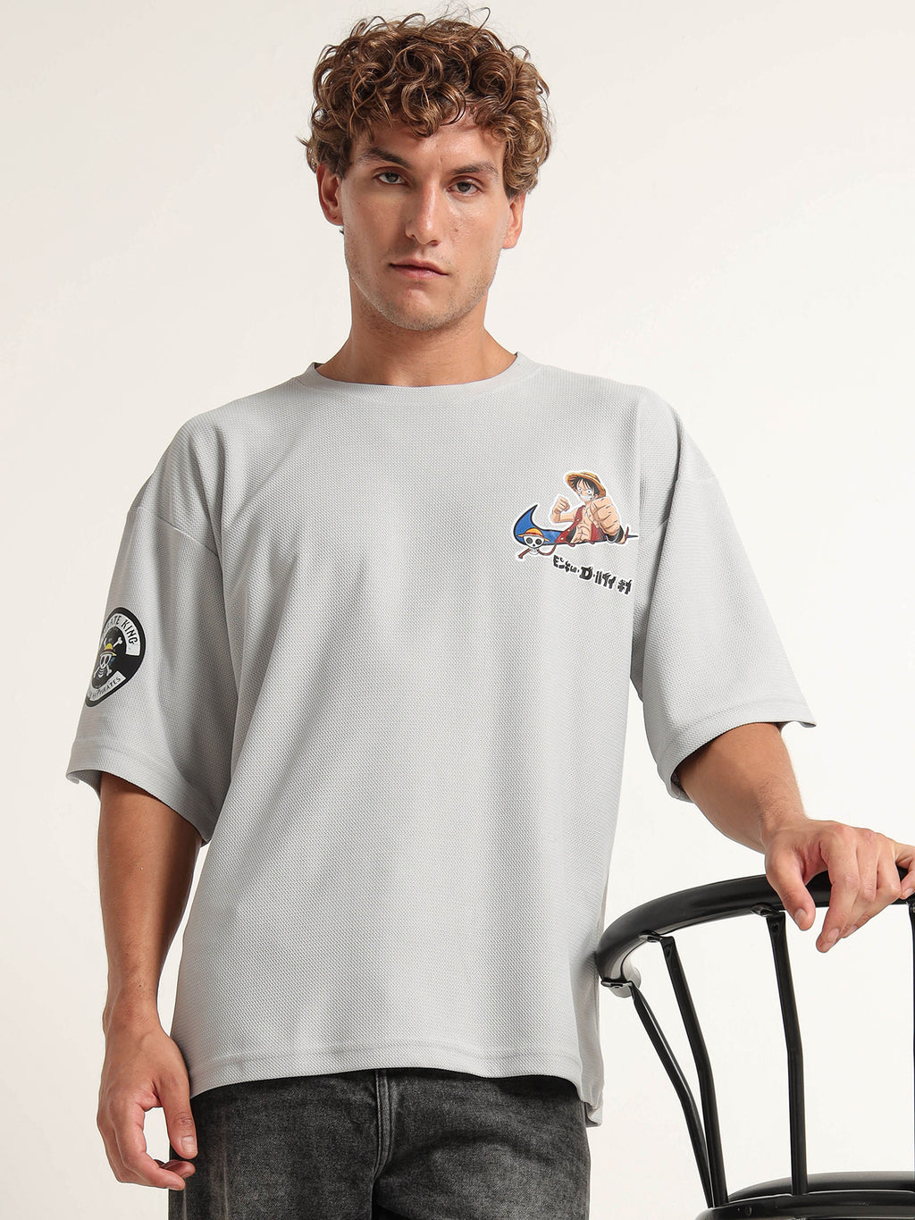Light Grey Oversized “Monkey D. Luffy” Graphic Tee