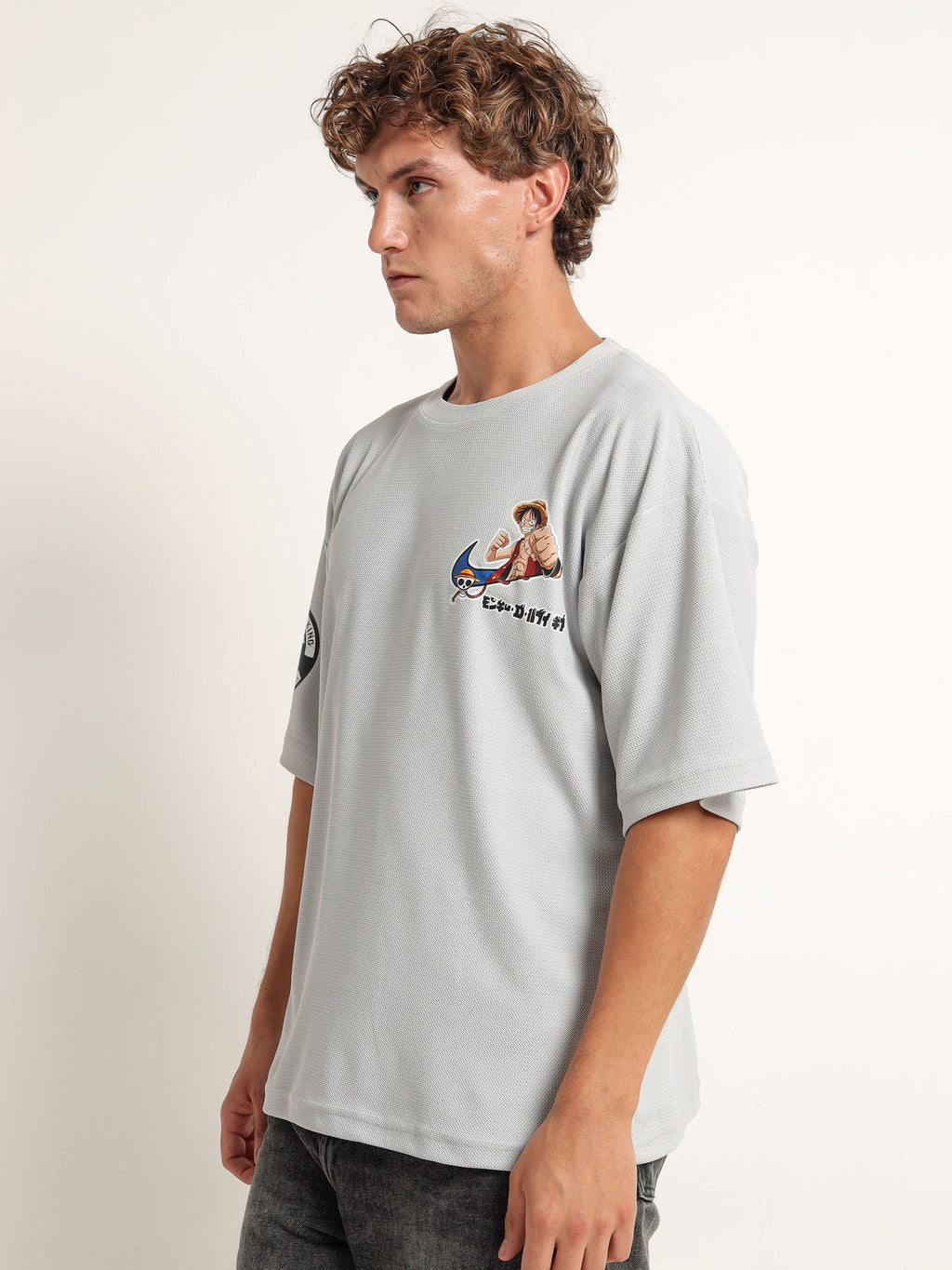 Light Grey Oversized “Monkey D. Luffy” Graphic Tee