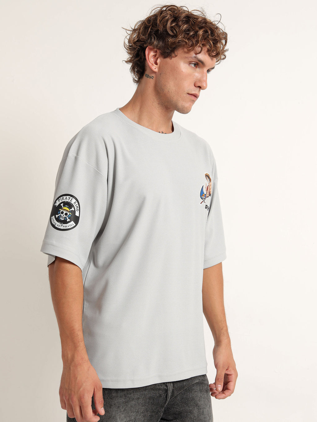 Light Grey Oversized “Monkey D. Luffy” Graphic Tee