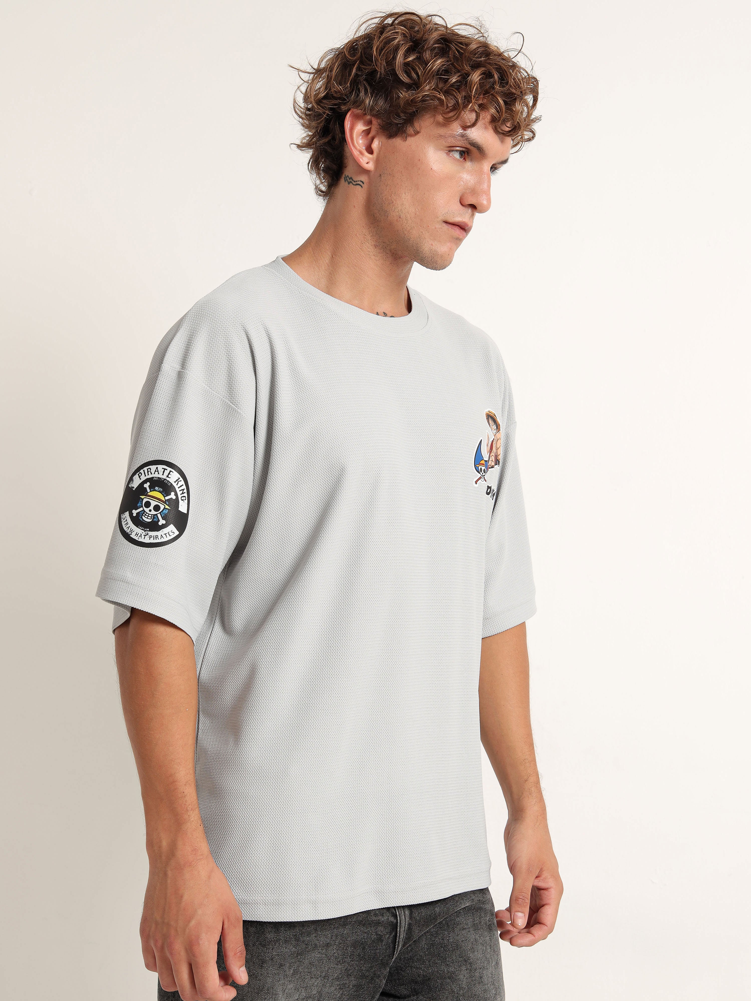 Light Grey Oversized “Monkey D. Luffy” Graphic Tee