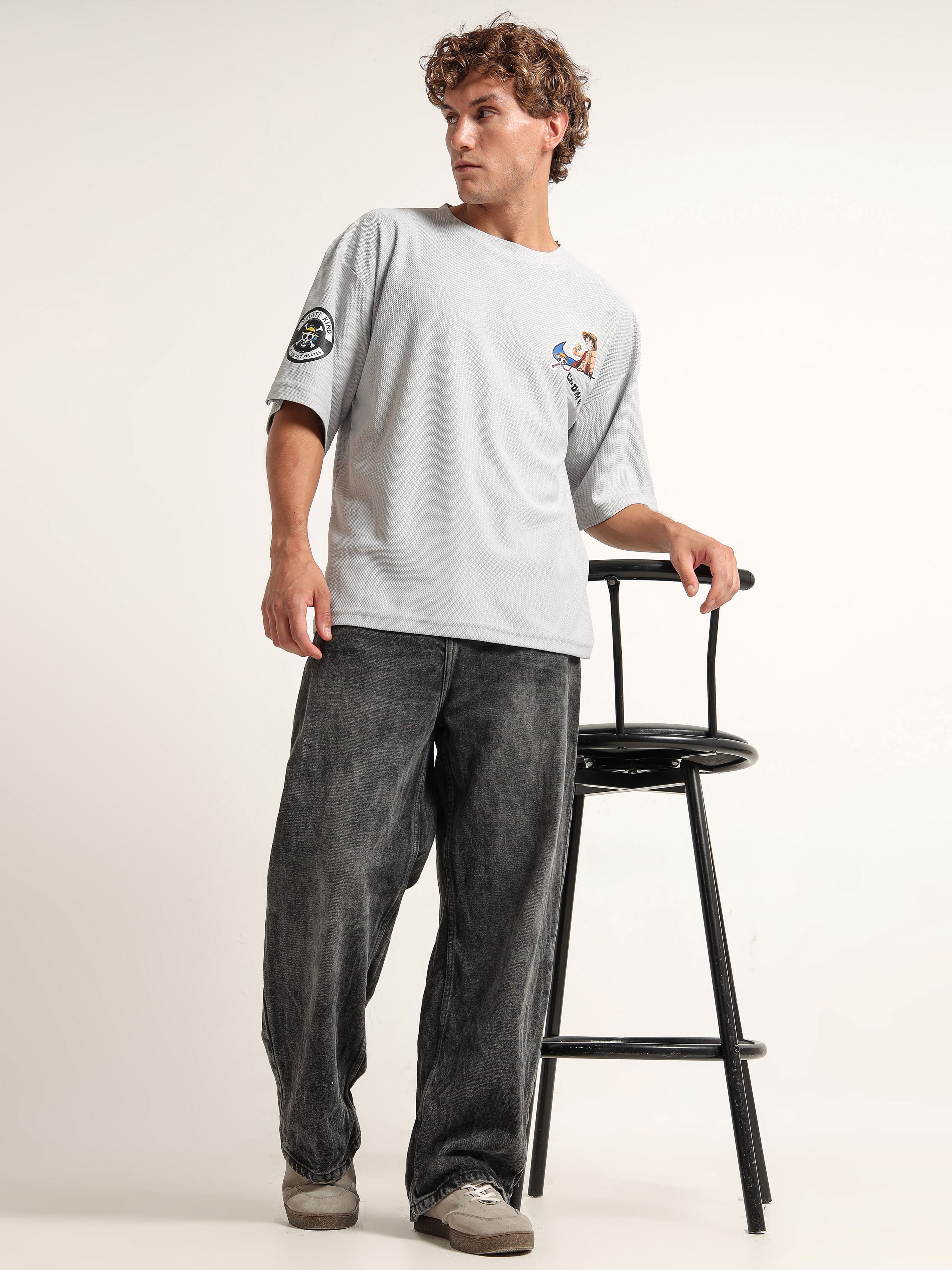 Light Grey Oversized “Monkey D. Luffy” Graphic Tee