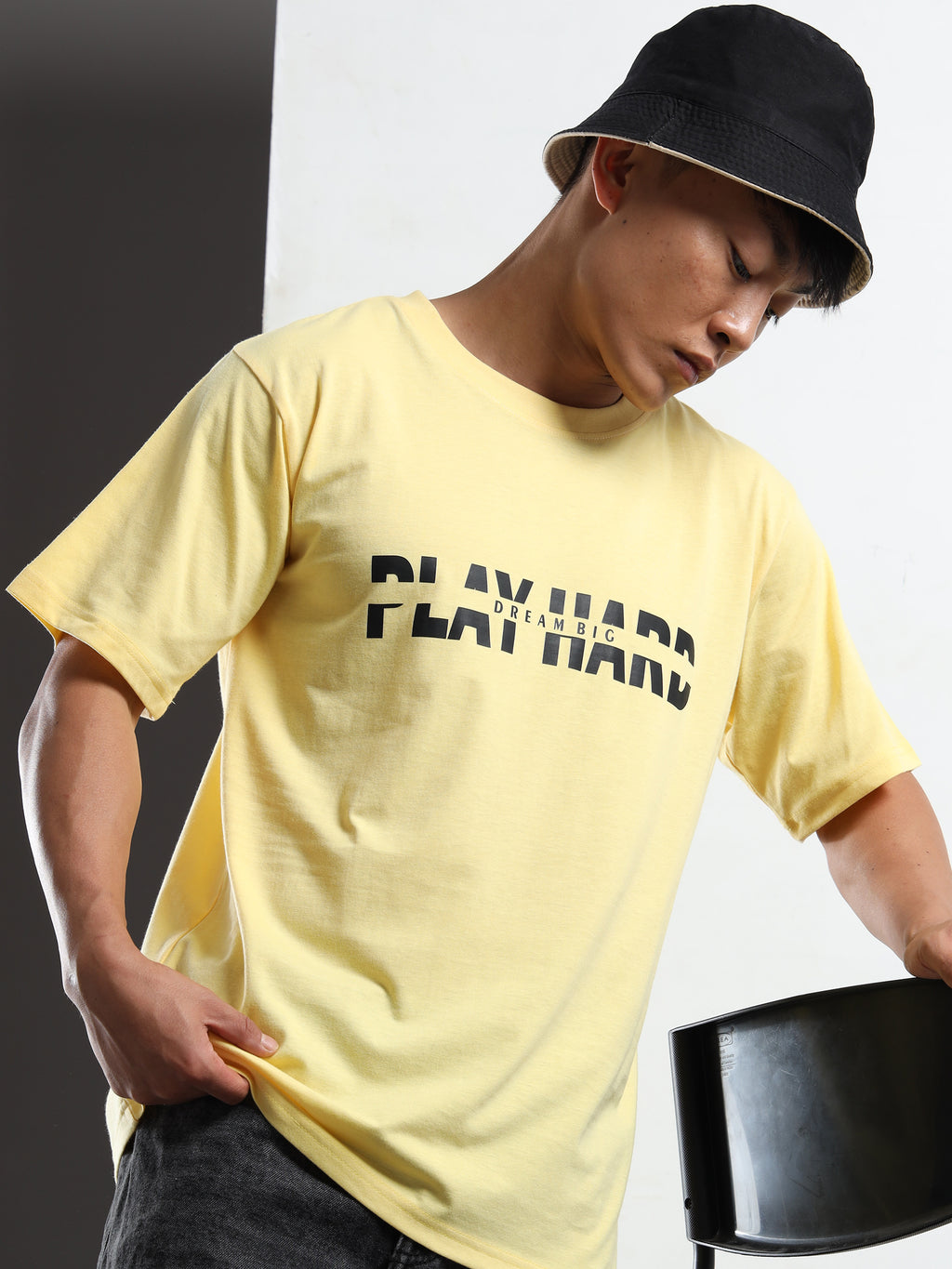 Men's Light Yellow Play Hard Dream Big Graphic T-Shirt