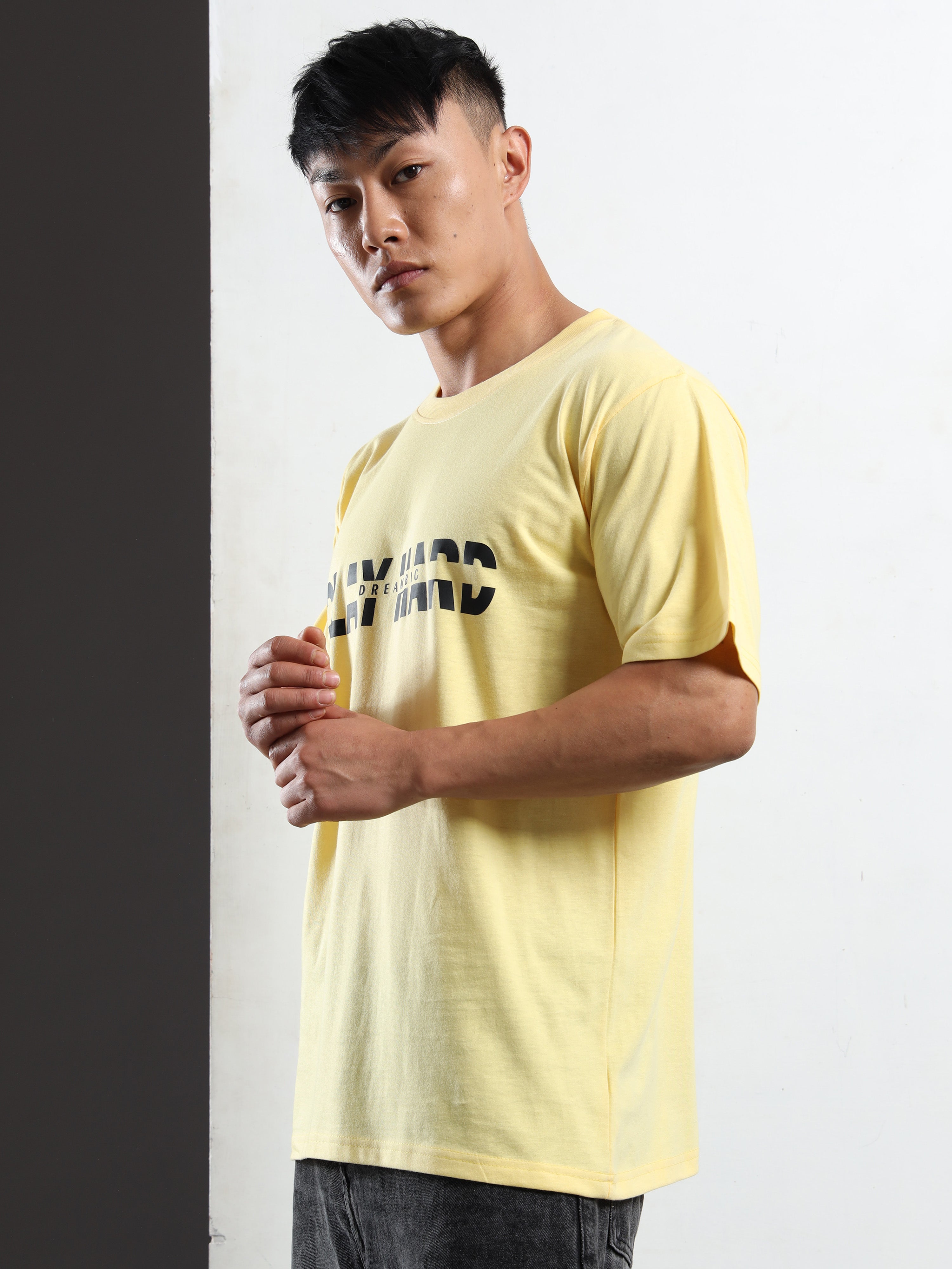 Men's Light Yellow Play Hard Dream Big Graphic T-Shirt