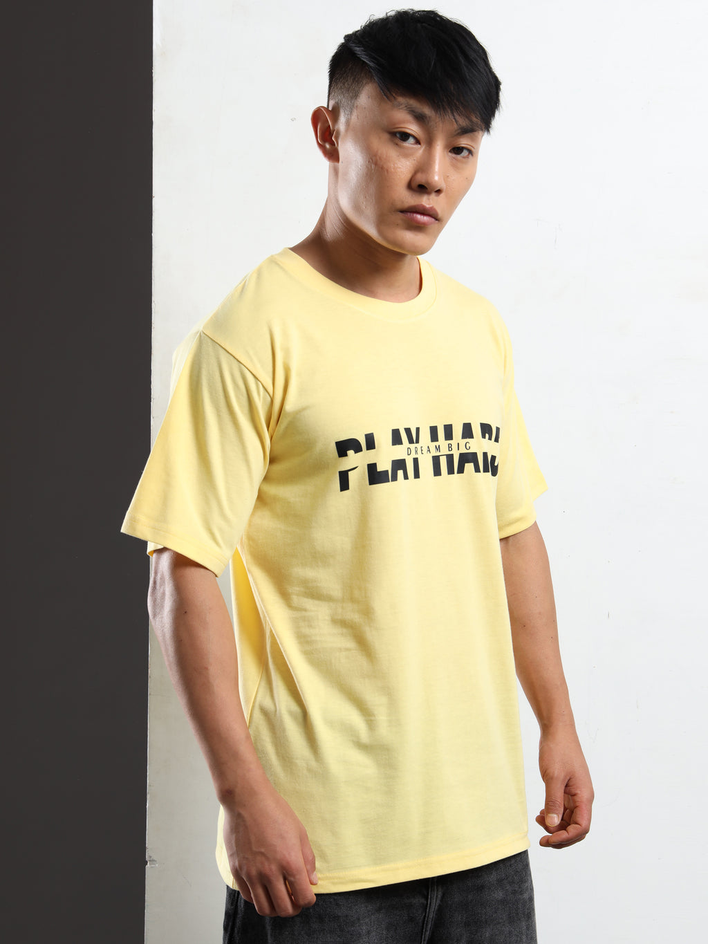 Men's Light Yellow Play Hard Dream Big Graphic T-Shirt