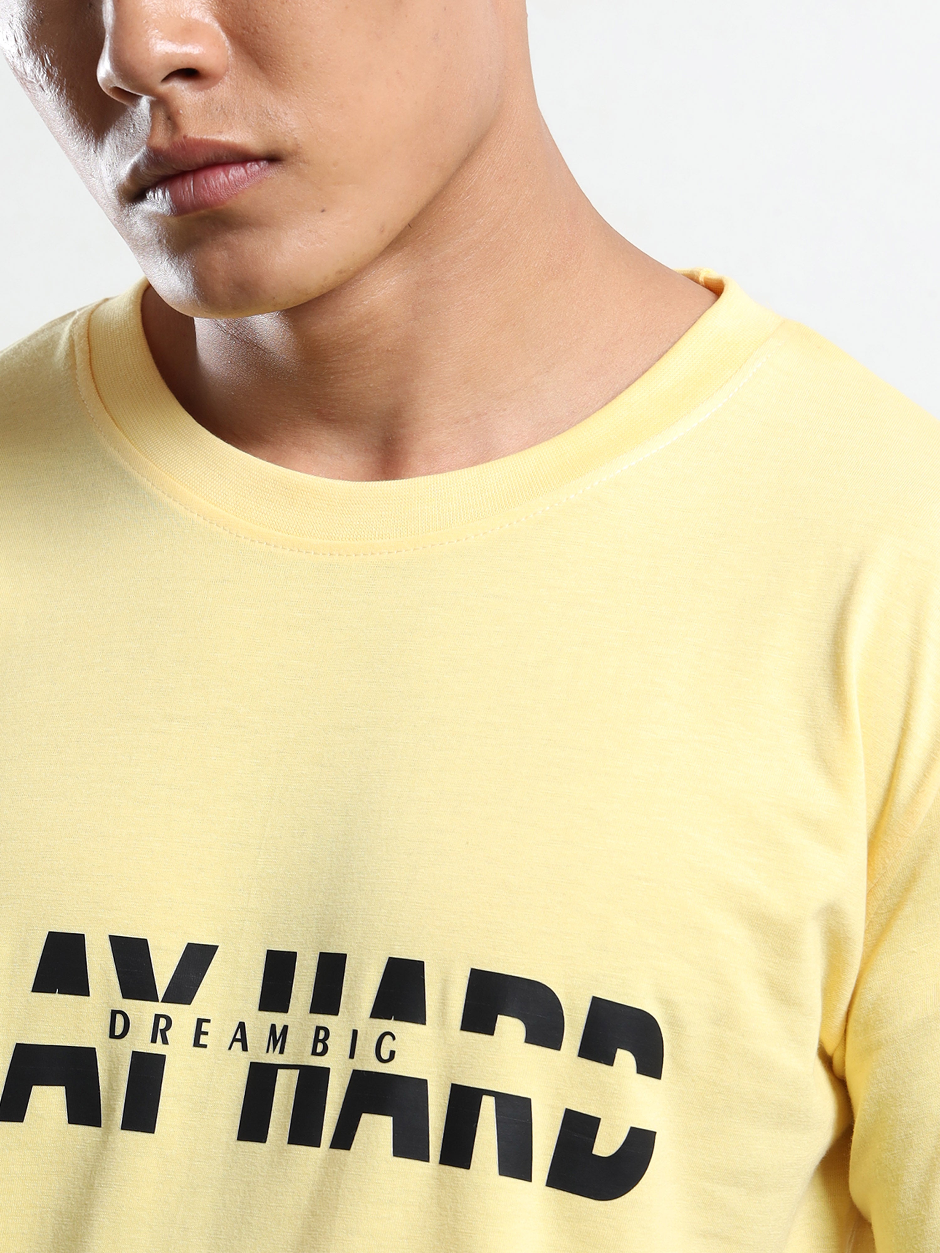Men's Light Yellow Play Hard Dream Big Graphic T-Shirt