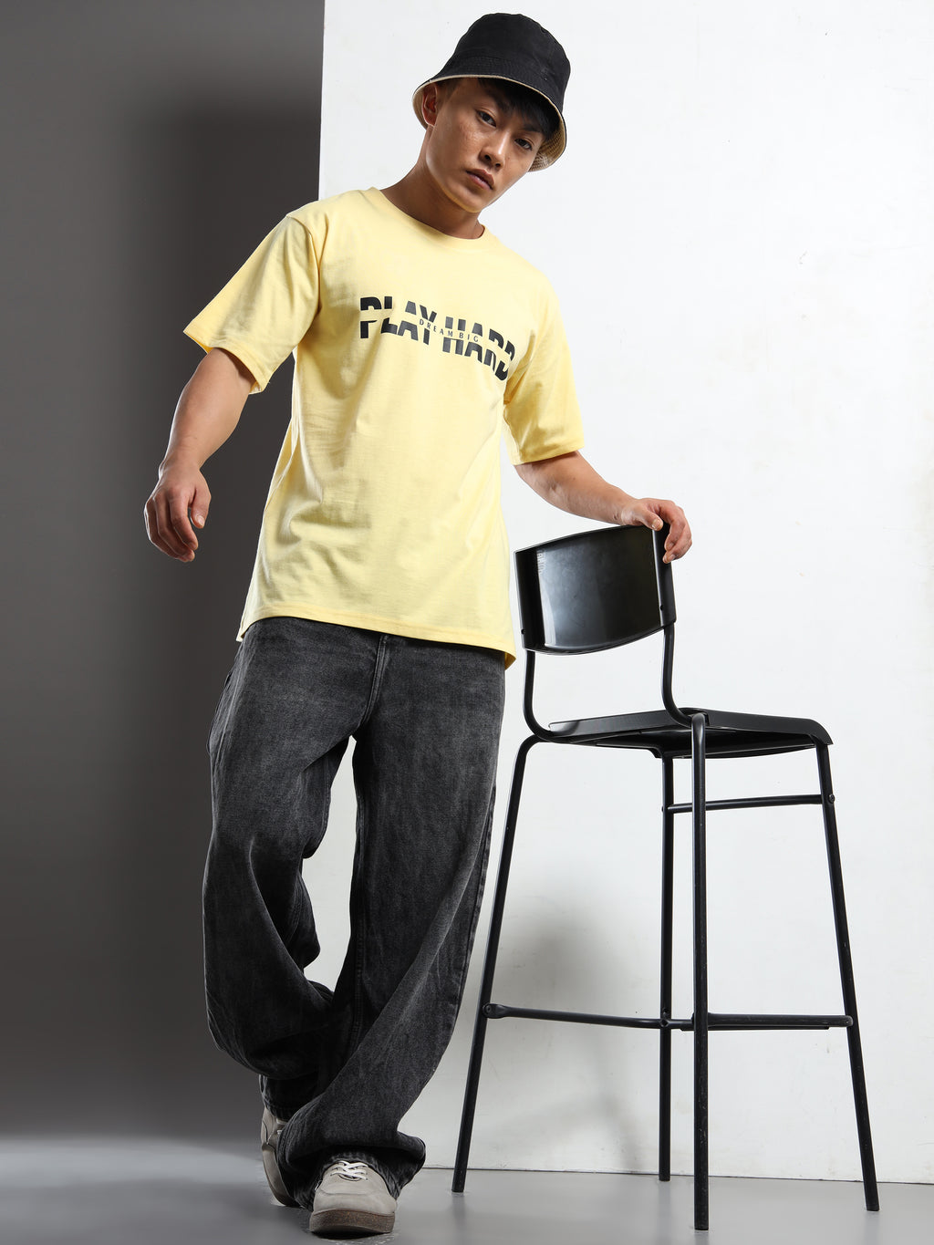 Men's Light Yellow Play Hard Dream Big Graphic T-Shirt