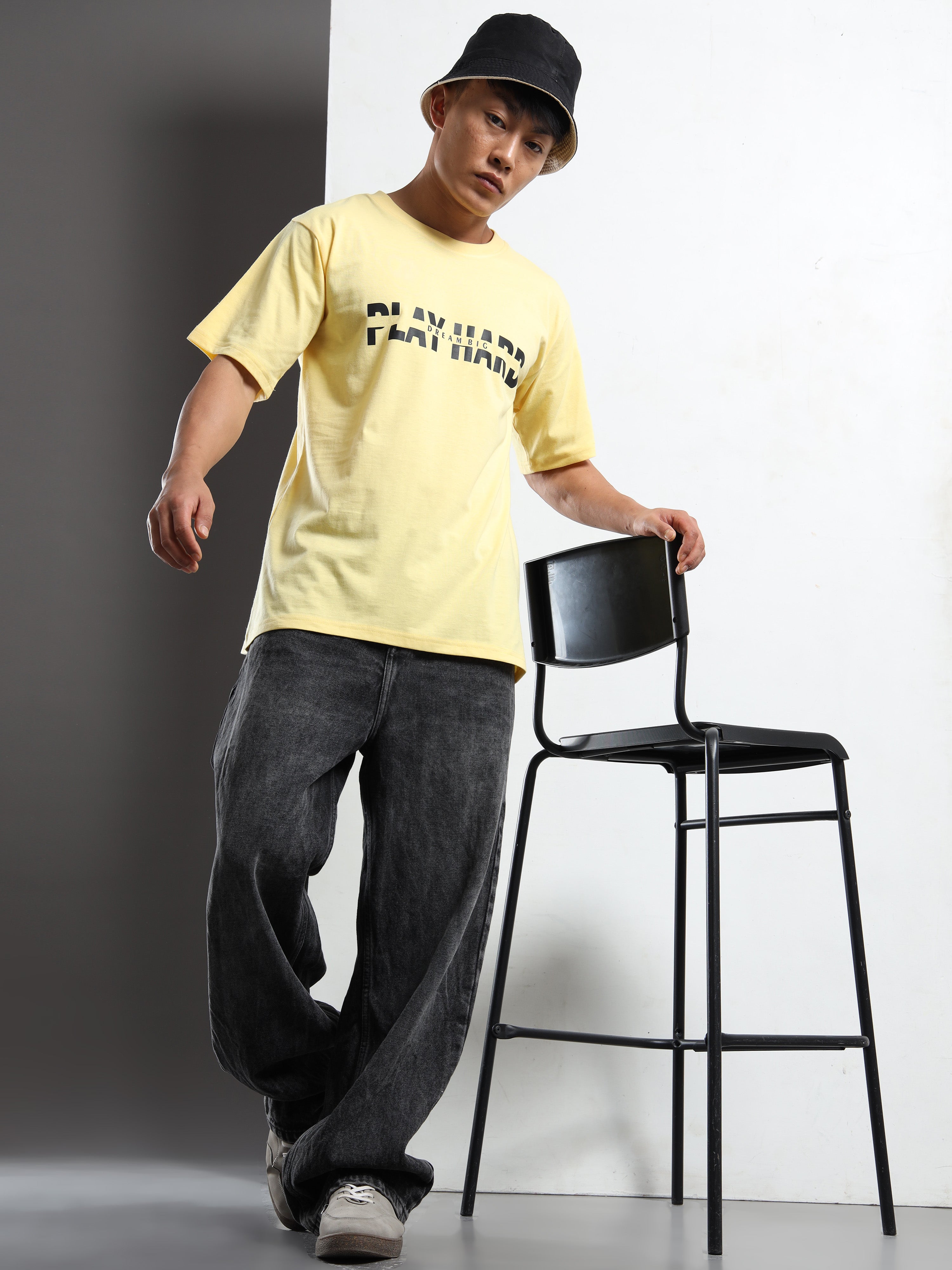 Men's Light Yellow Play Hard Dream Big Graphic T-Shirt
