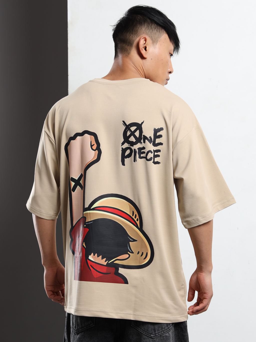 Men's Beige One Piece Straw Hat Arm Oversized T-Shirt