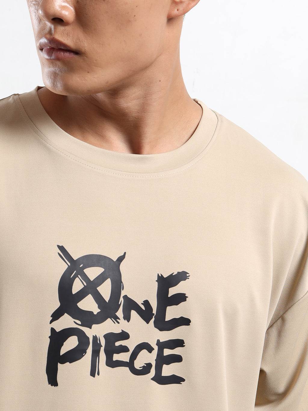 Men's Beige One Piece Straw Hat Arm Oversized T-Shirt