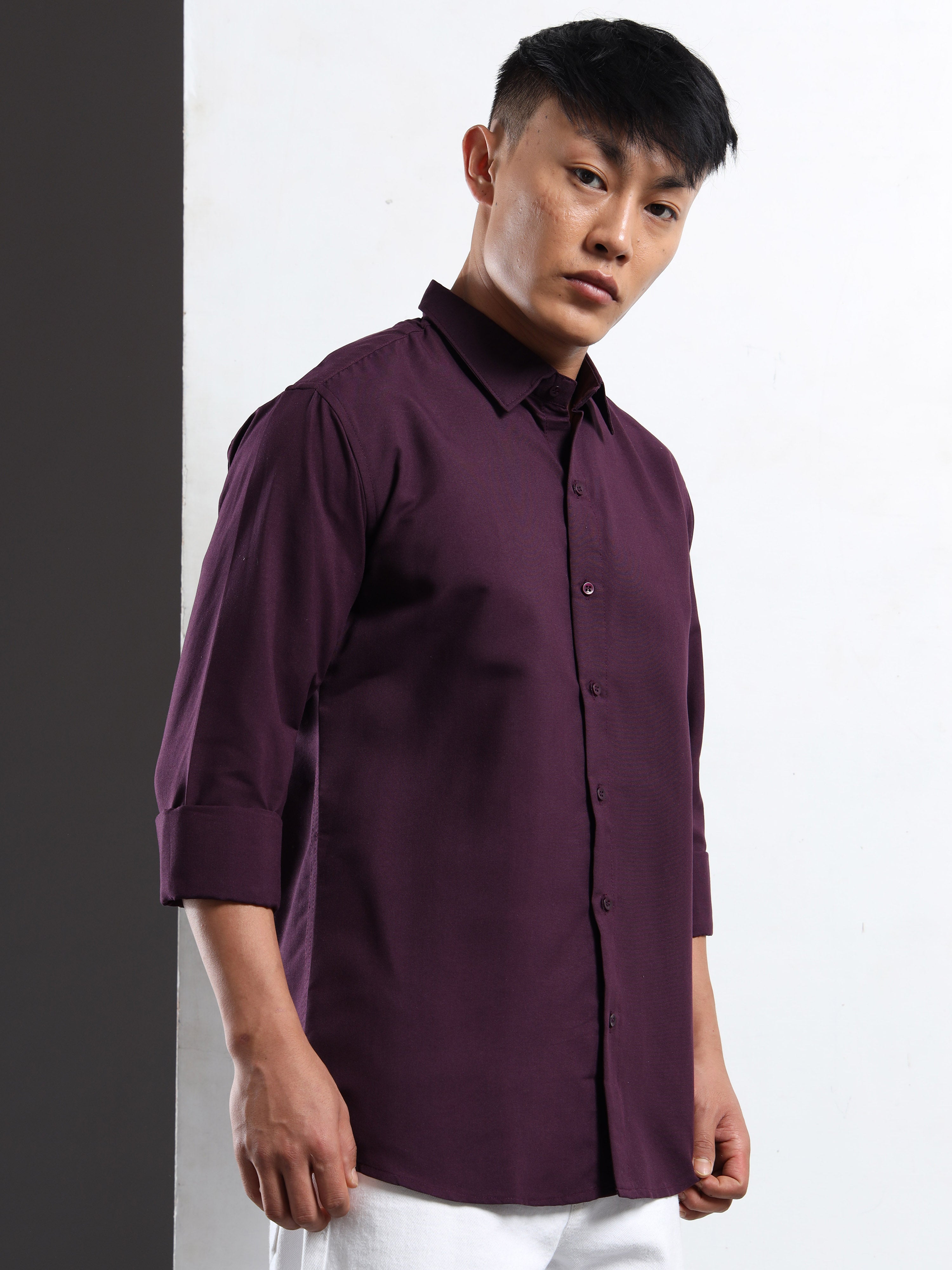 Wine Men Slim Fit Casual Solid Shirt