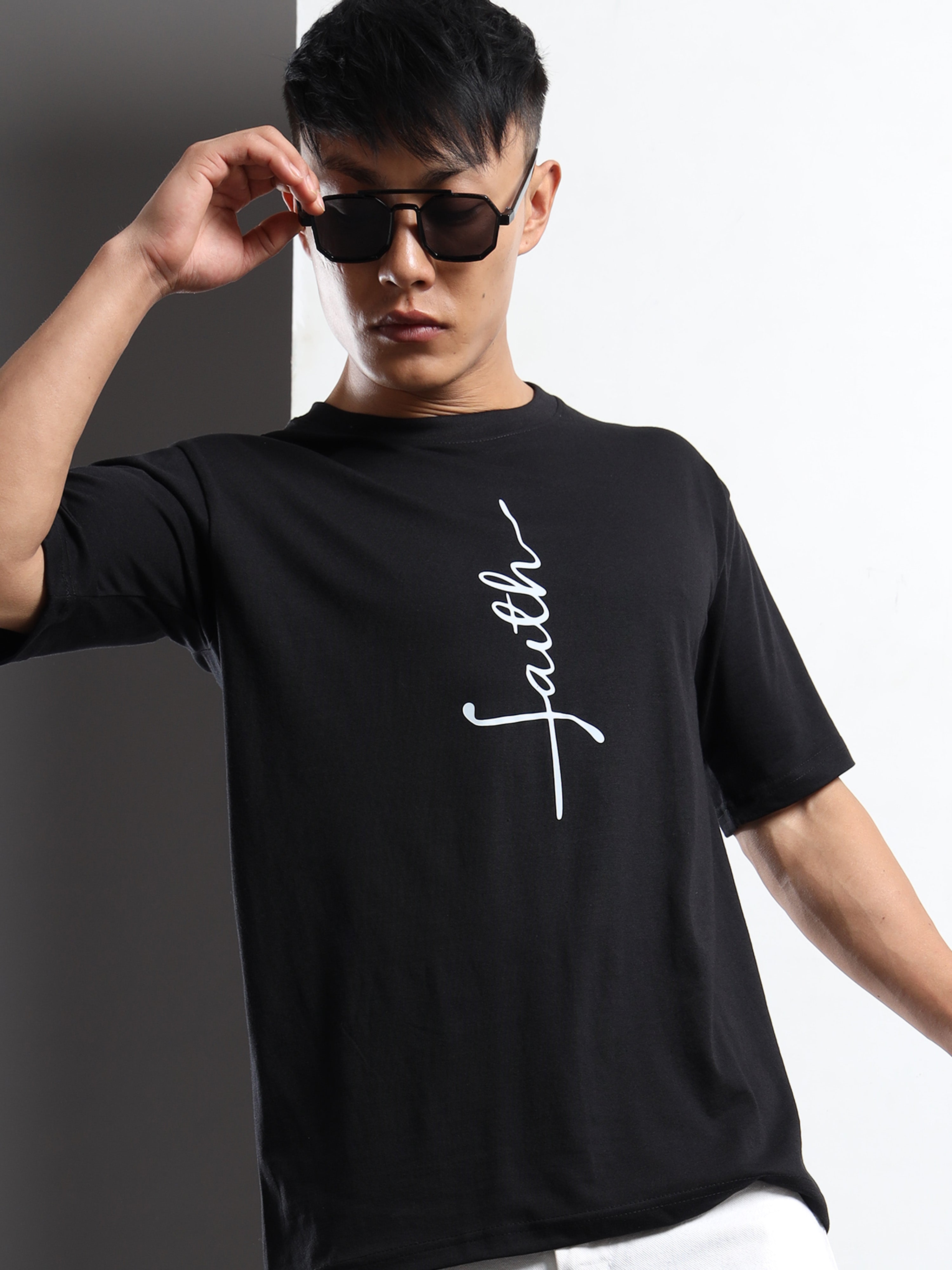 Men's Black and White Faith Script T-Shirt