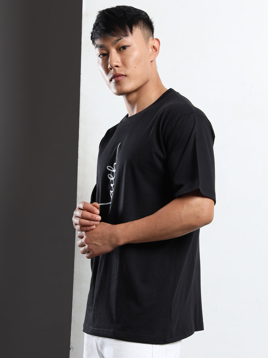 Men's Black and White Faith Script T-Shirt