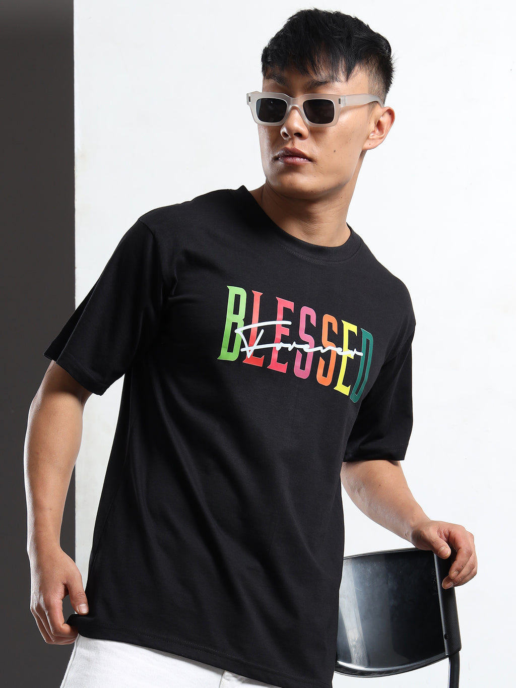 Men's Black and Neon Multi-Color Blessed Graphic T-Shirt