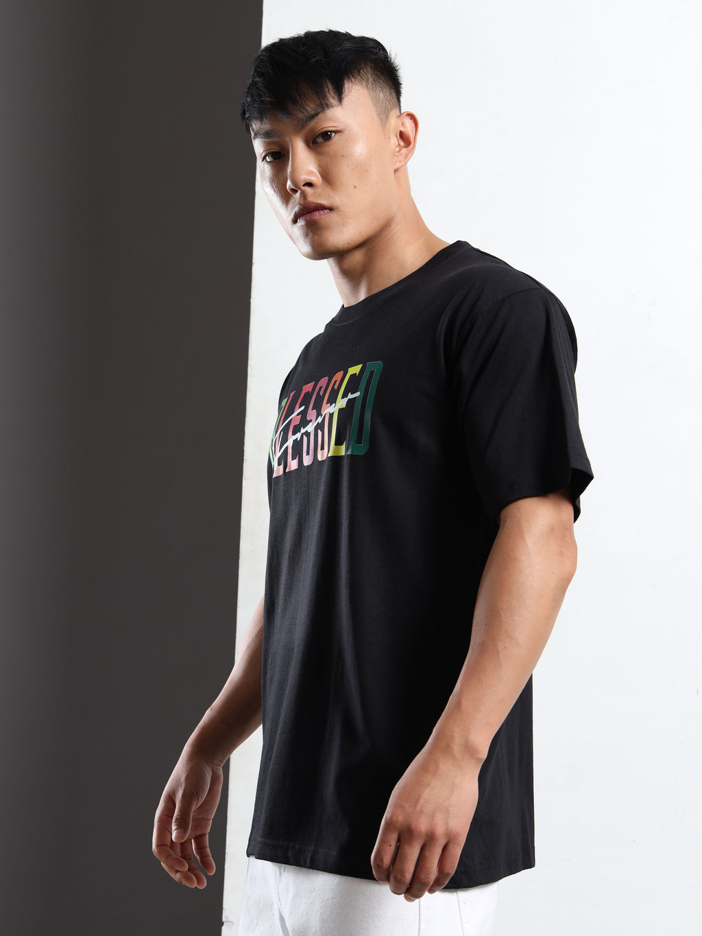 Men's Black and Neon Multi-Color Blessed Graphic T-Shirt