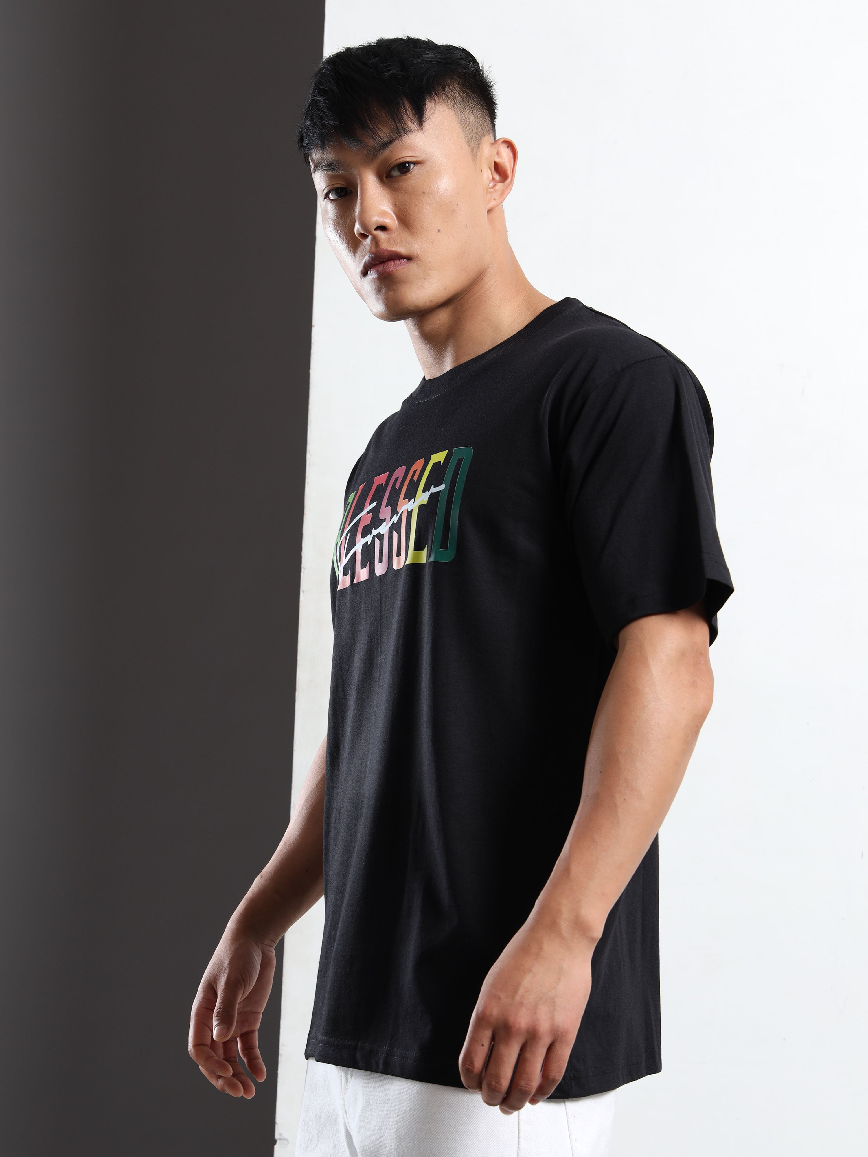 Men's Black and Neon Multi-Color Blessed Graphic T-Shirt