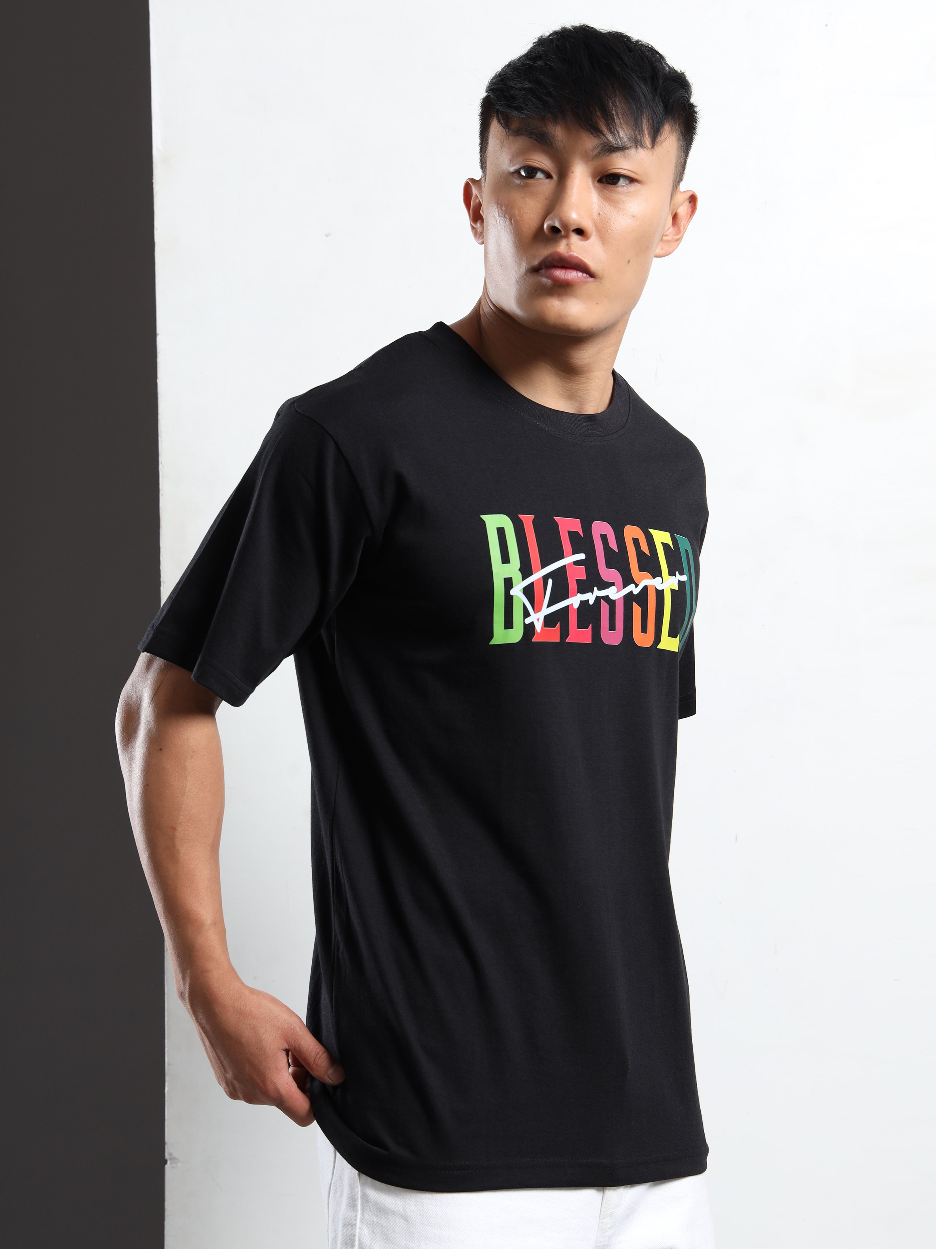 Men's Black and Neon Multi-Color Blessed Graphic T-Shirt
