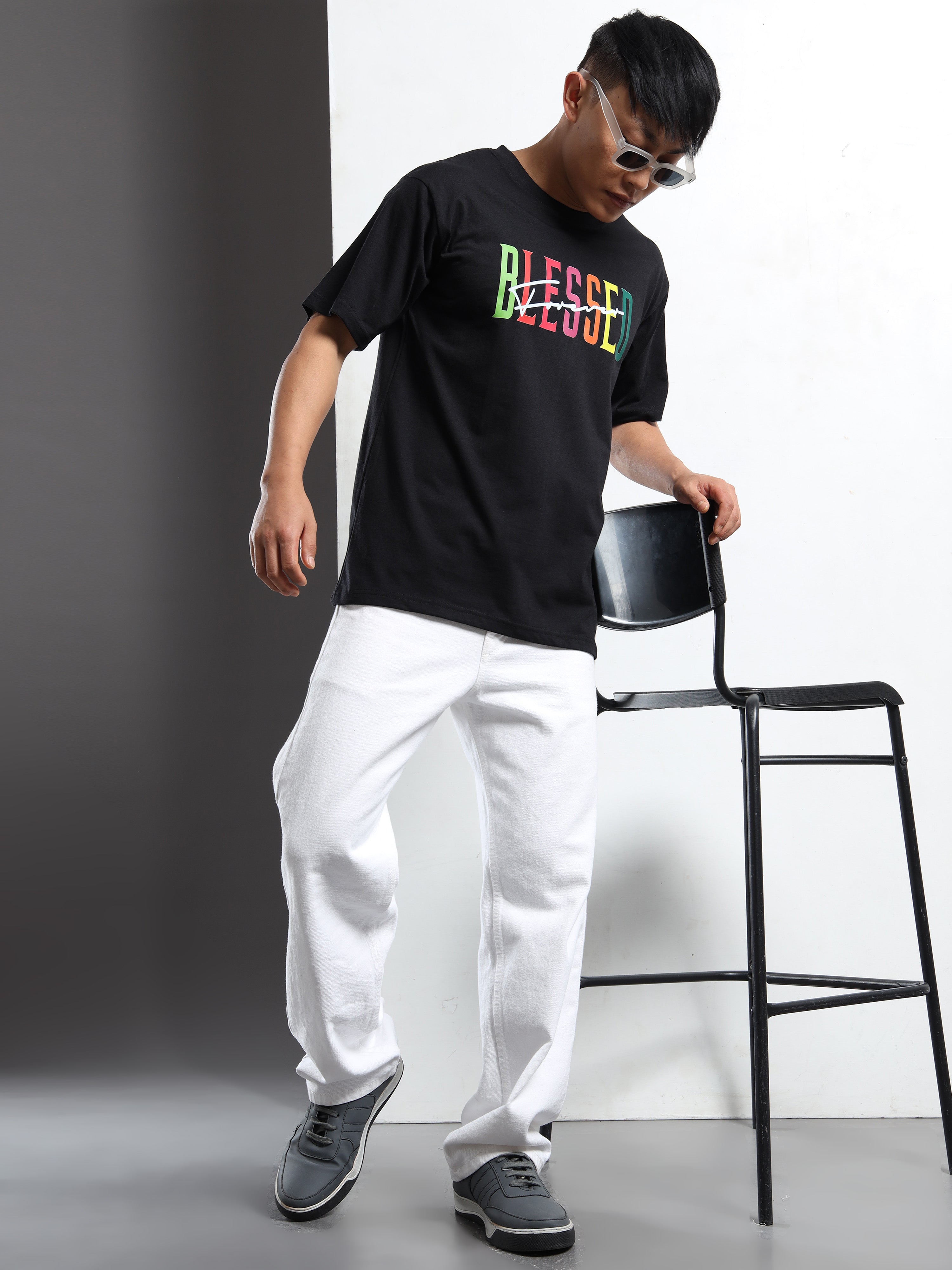 Men's Black and Neon Multi-Color Blessed Graphic T-Shirt