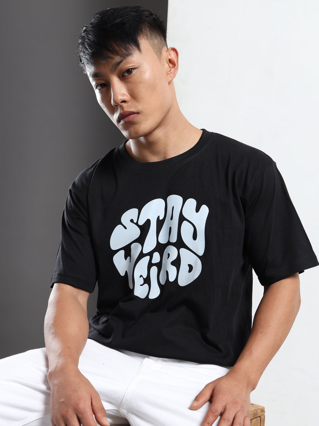 Men's Black and Light Blue Stay Weird Graphic T-Shirt
