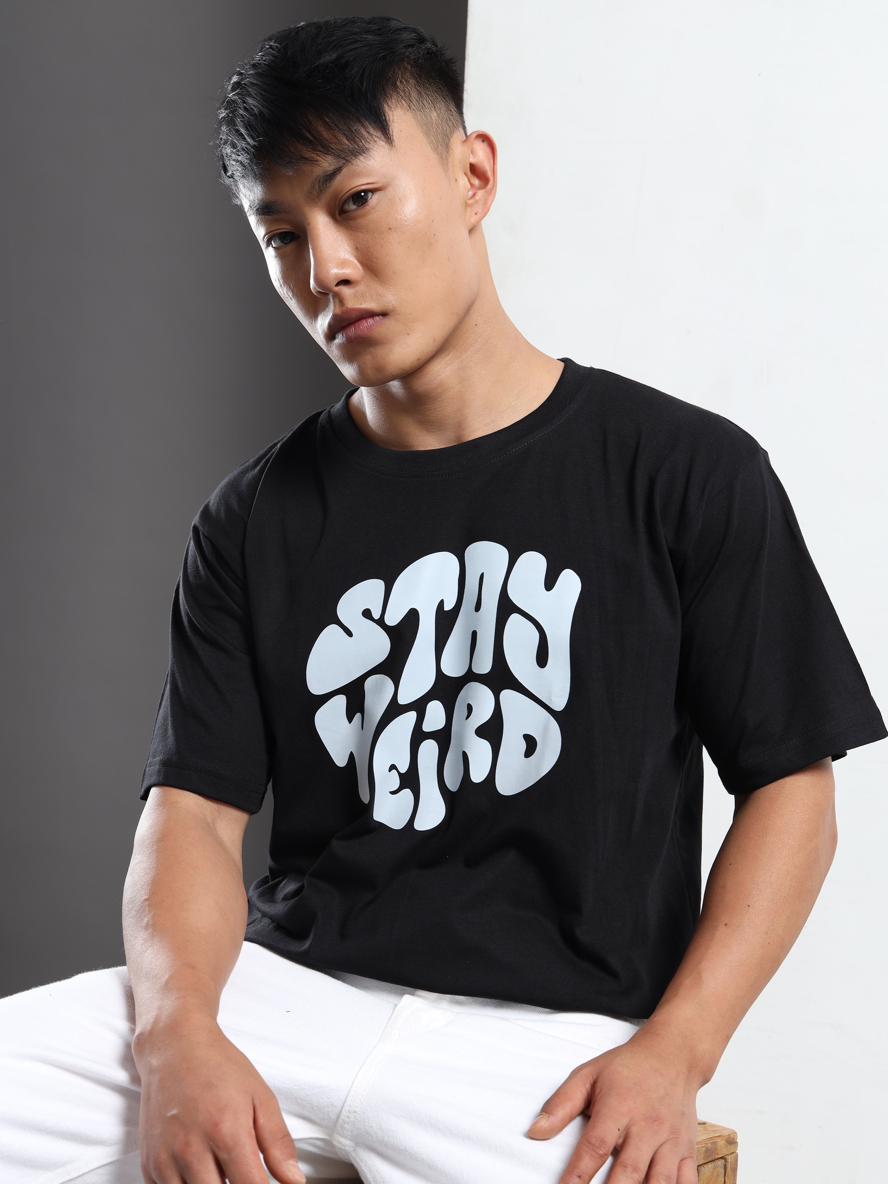 Men's Black and Light Blue Stay Weird Graphic T-Shirt