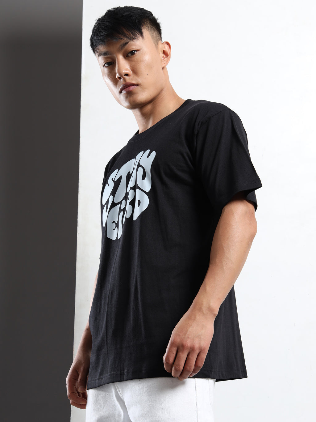 Men's Black and Light Blue Stay Weird Graphic T-Shirt