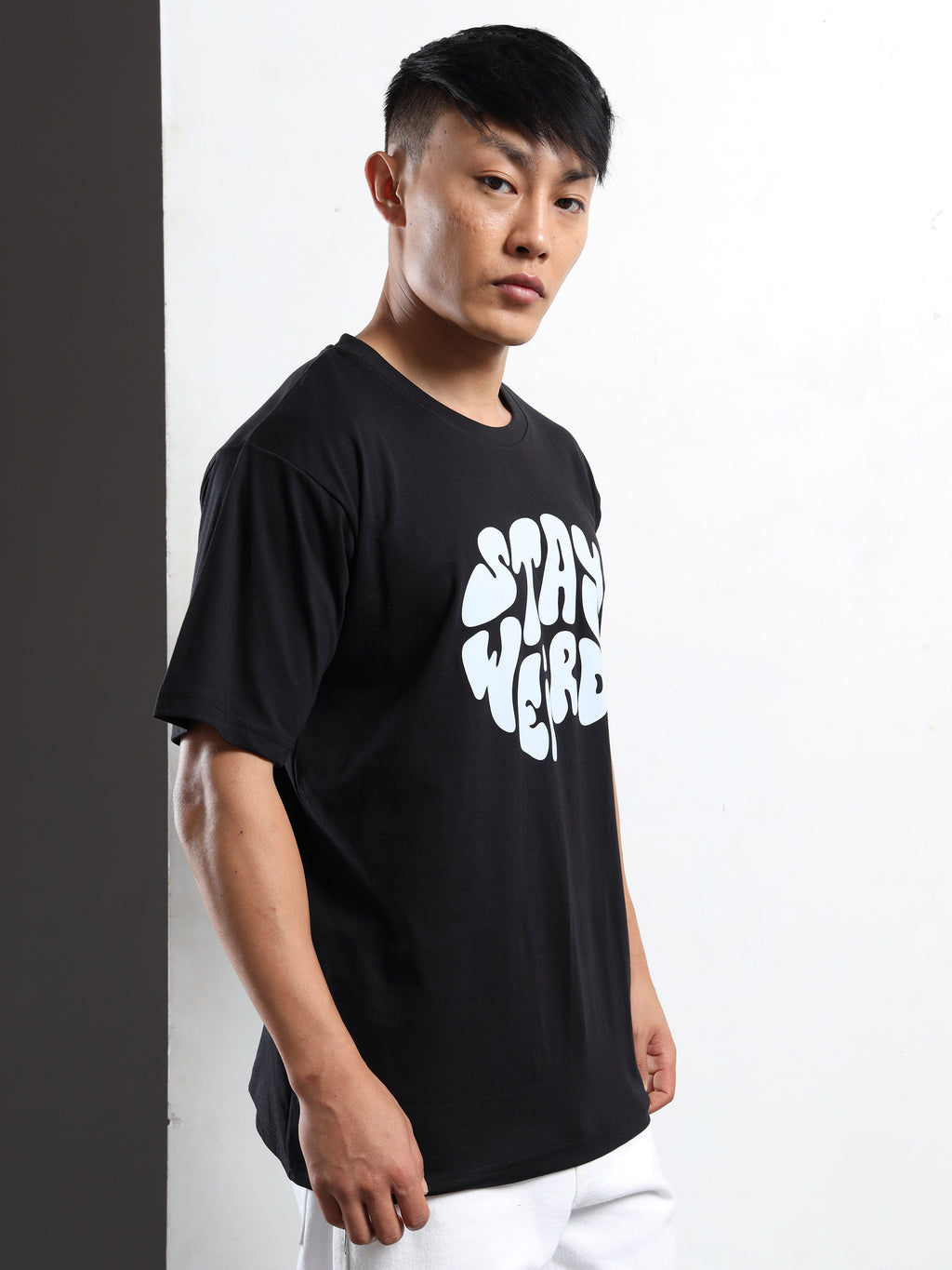 Men's Black and Light Blue Stay Weird Graphic T-Shirt