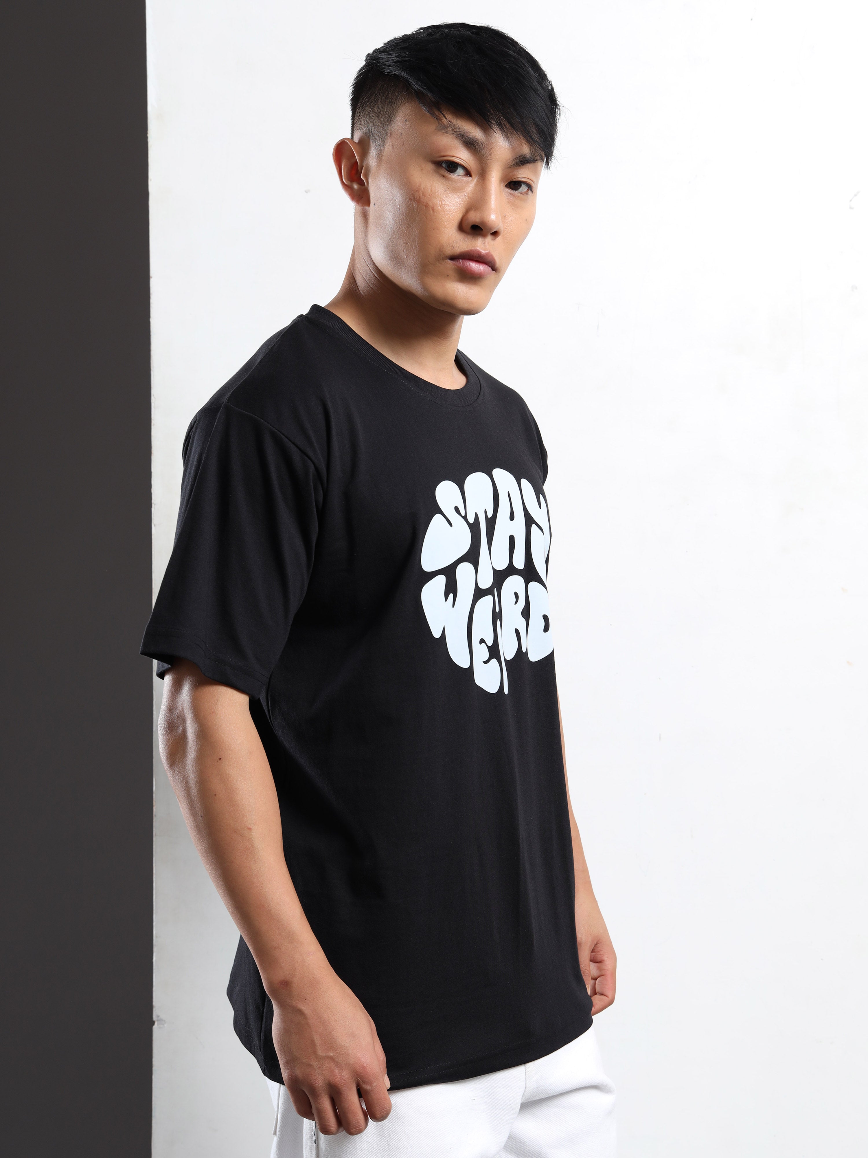 Men's Black and Light Blue Stay Weird Graphic T-Shirt