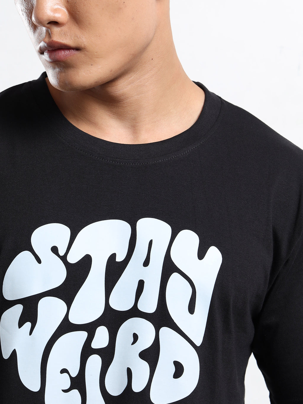 Men's Black and Light Blue Stay Weird Graphic T-Shirt