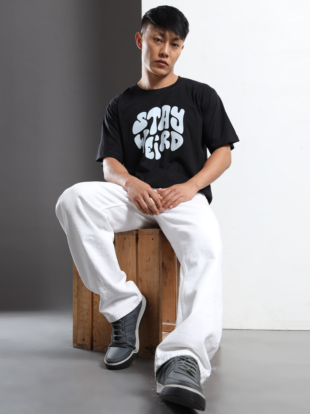 Men's Black and Light Blue Stay Weird Graphic T-Shirt