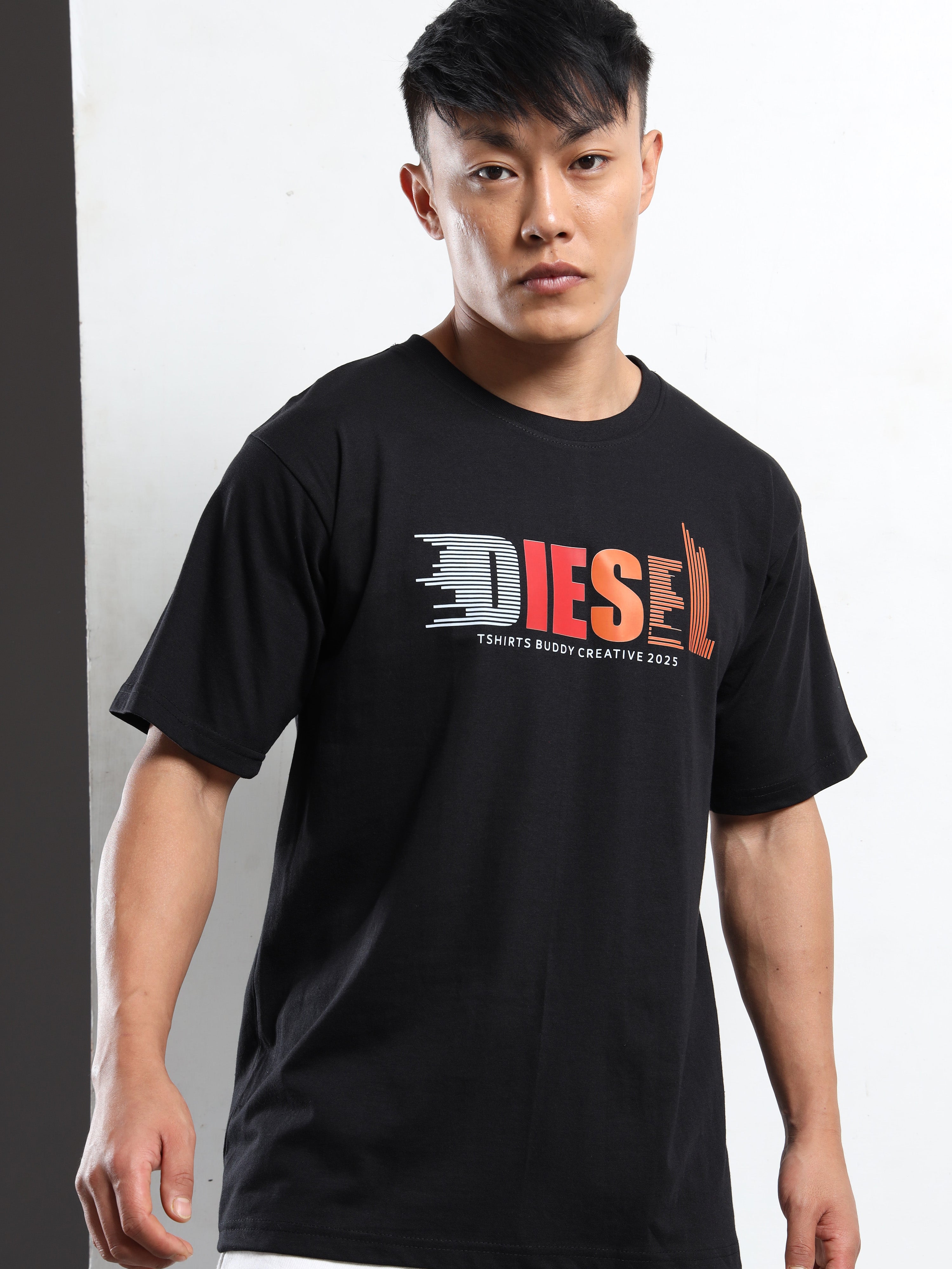 Men's Black and Multi-Color Diesel Style Graphic T-Shirt