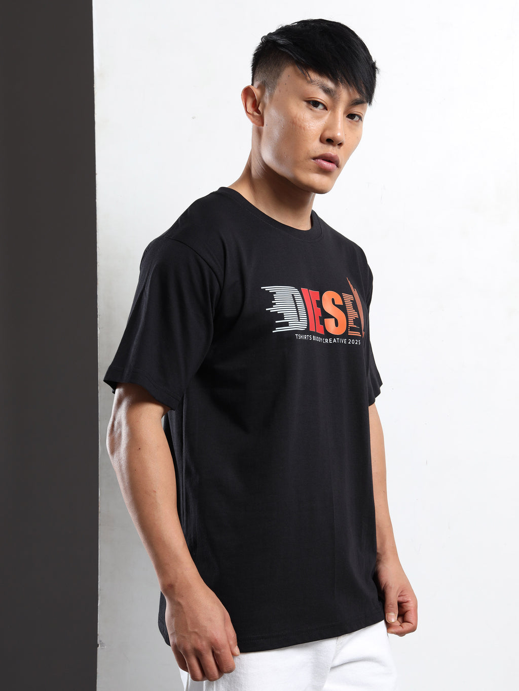 Men's Black and Multi-Color Diesel Style Graphic T-Shirt
