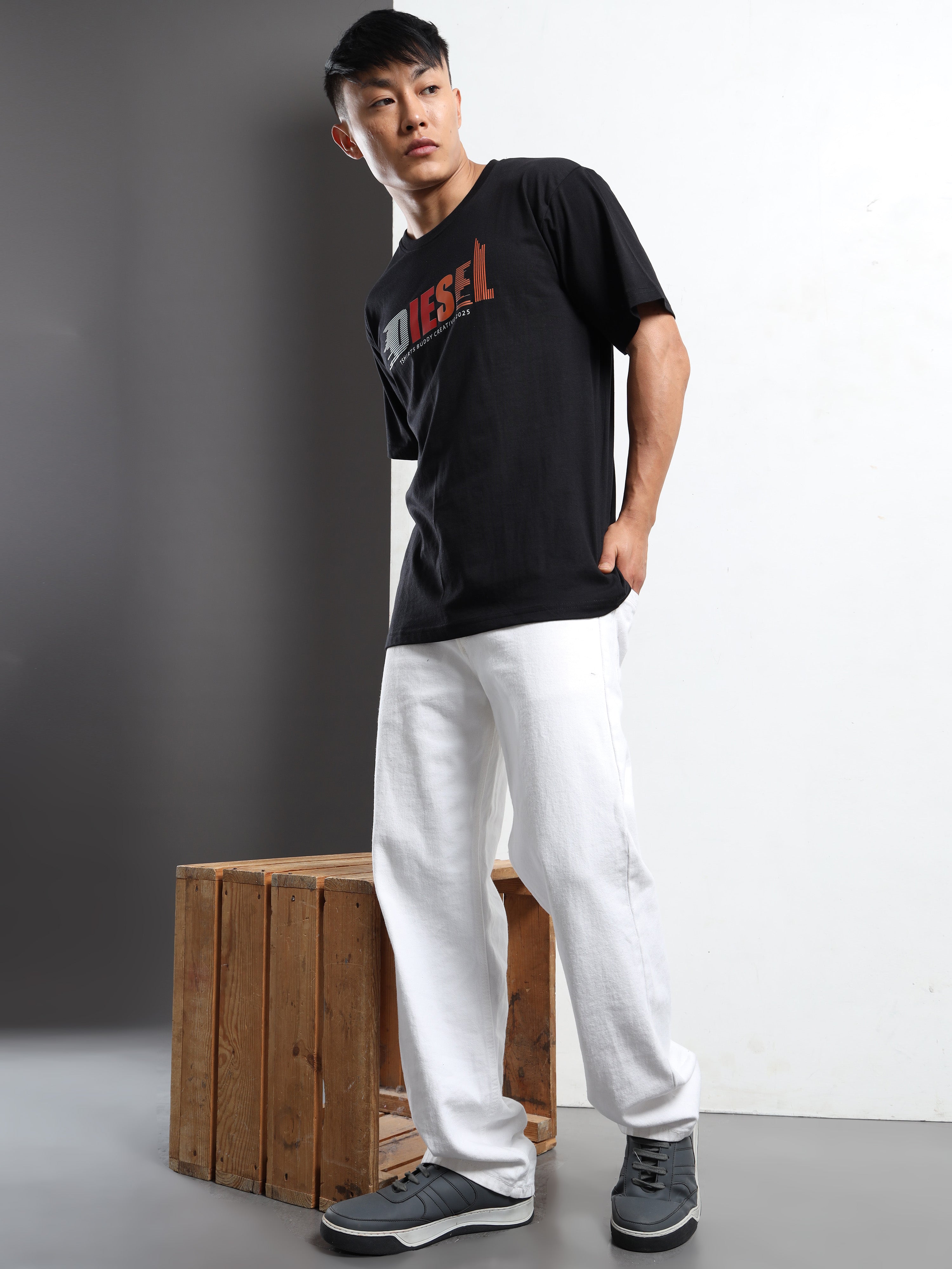 Men's Black and Multi-Color Diesel Style Graphic T-Shirt