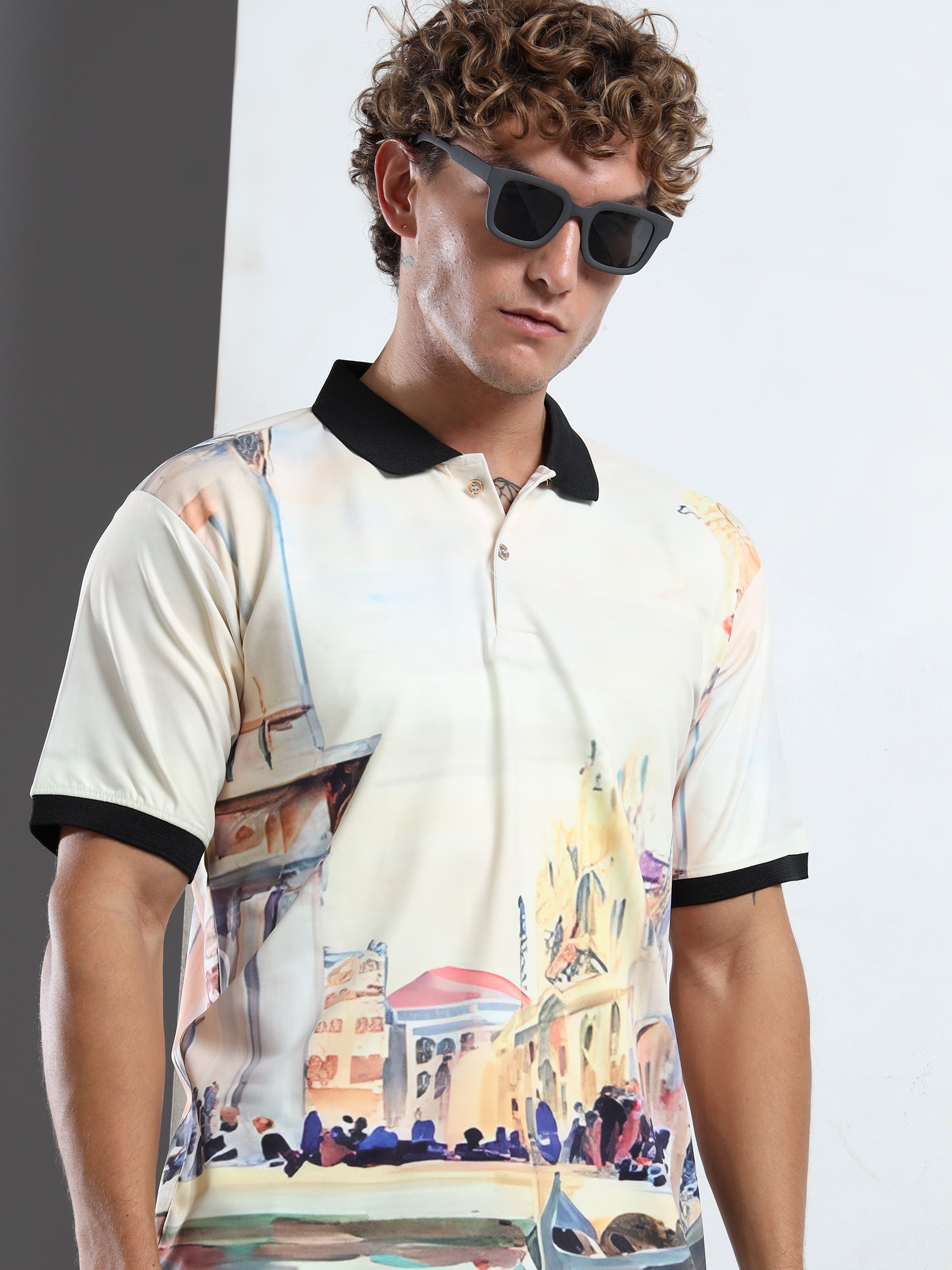 Men’s Scenic Watercolor Print Polo Shirt