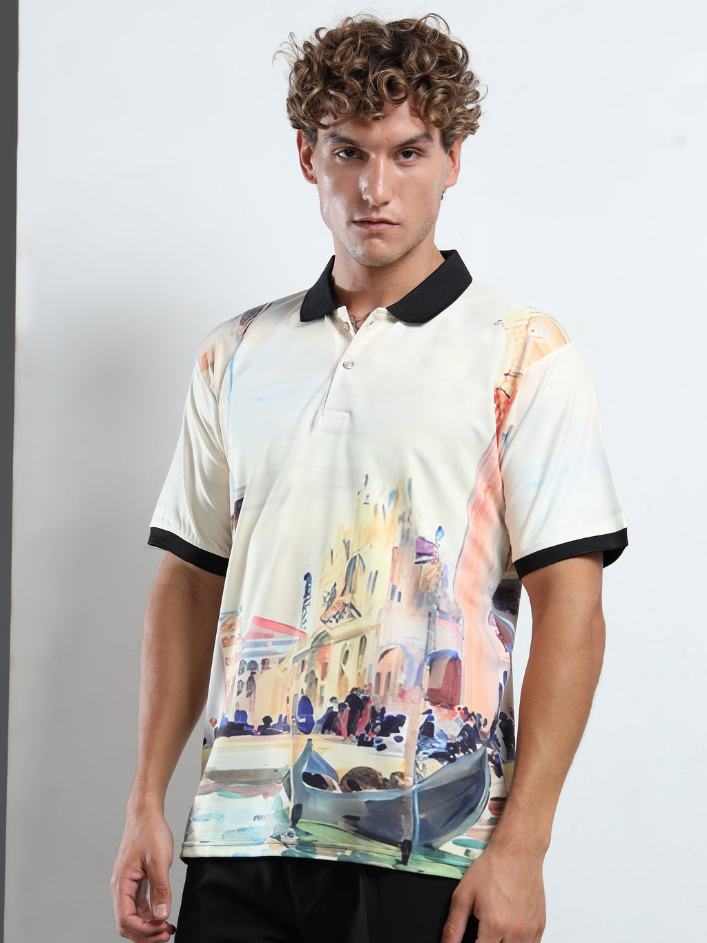 Men’s Scenic Watercolor Print Polo Shirt