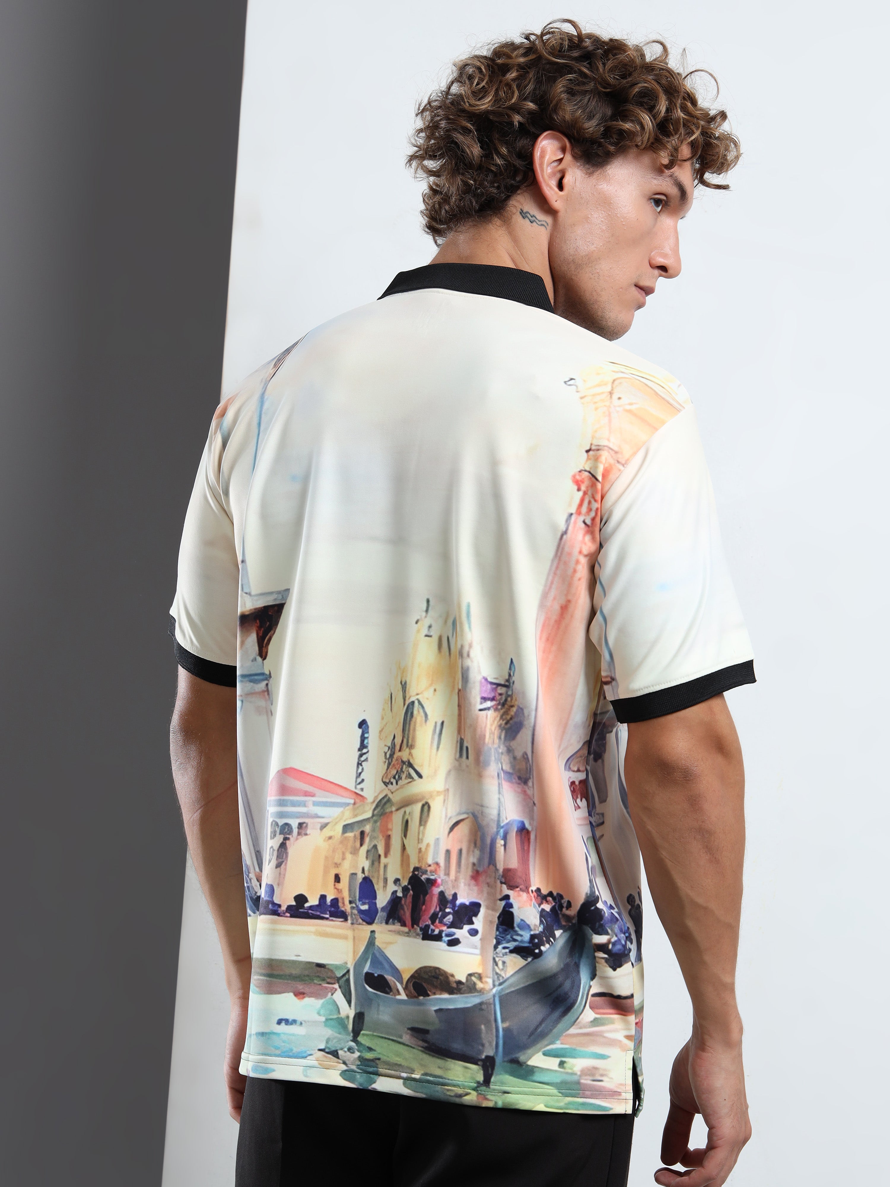 Men’s Scenic Watercolor Print Polo Shirt