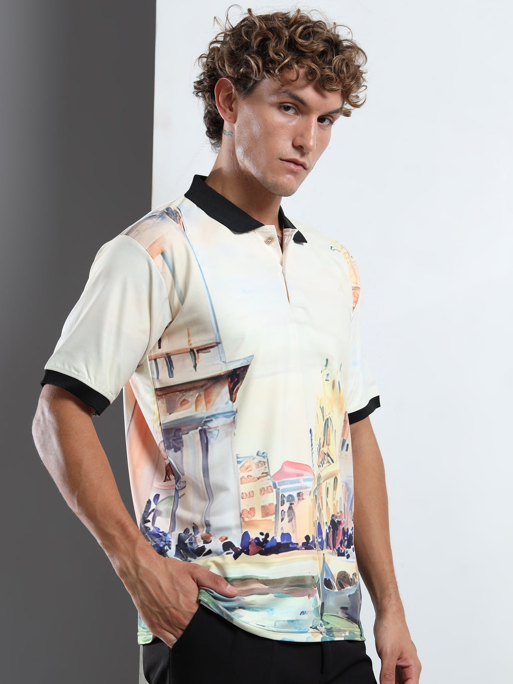 Men’s Scenic Watercolor Print Polo Shirt