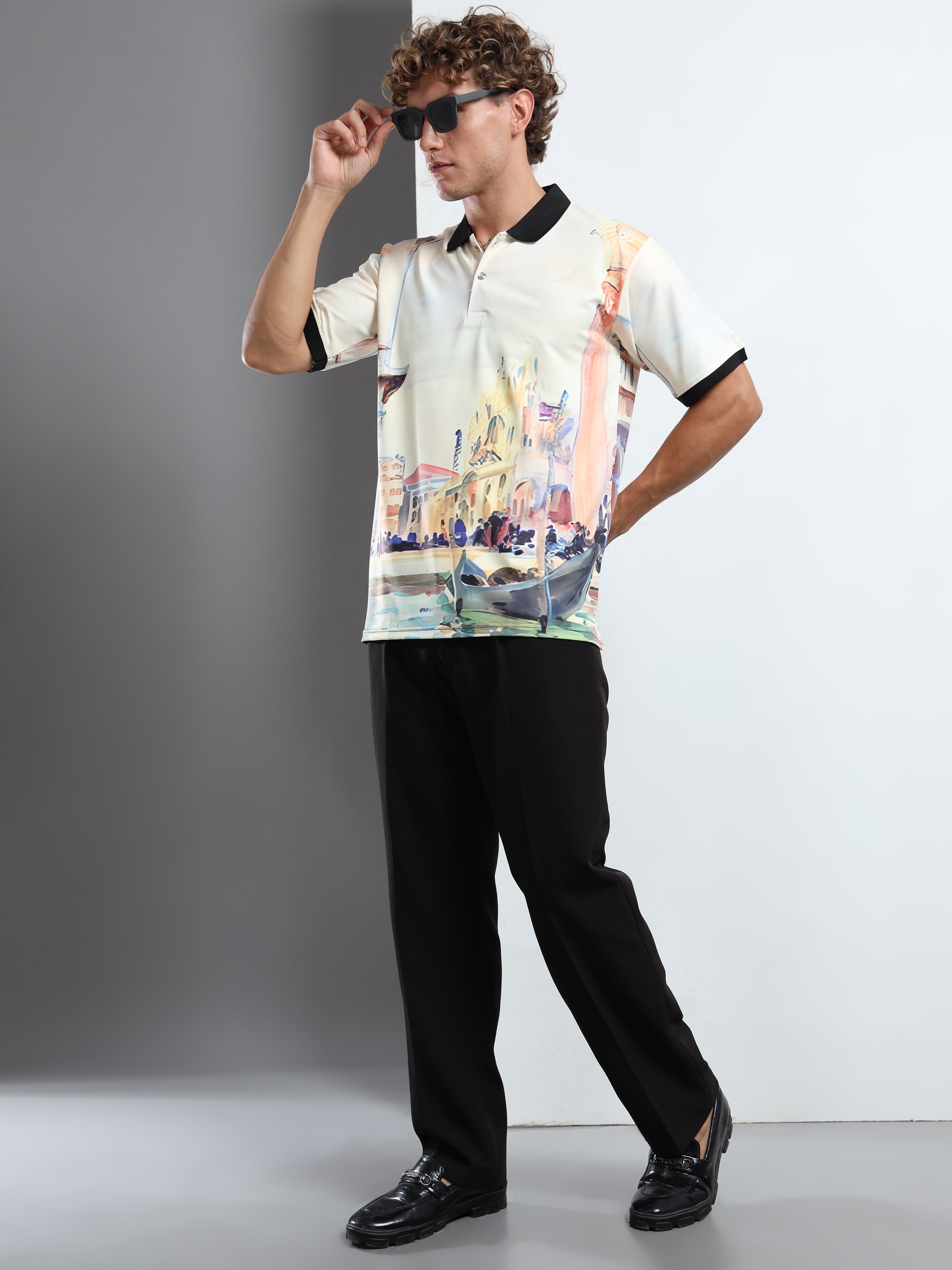 Men’s Scenic Watercolor Print Polo Shirt