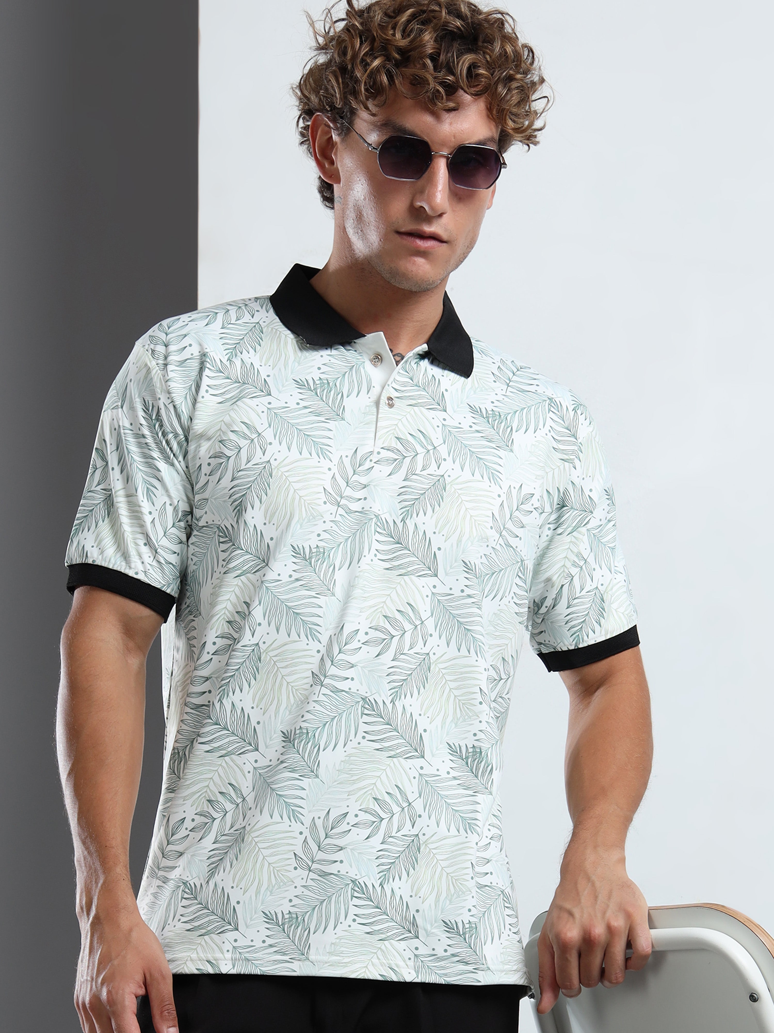 Men’s Leaf-Print Polo T-Shirt