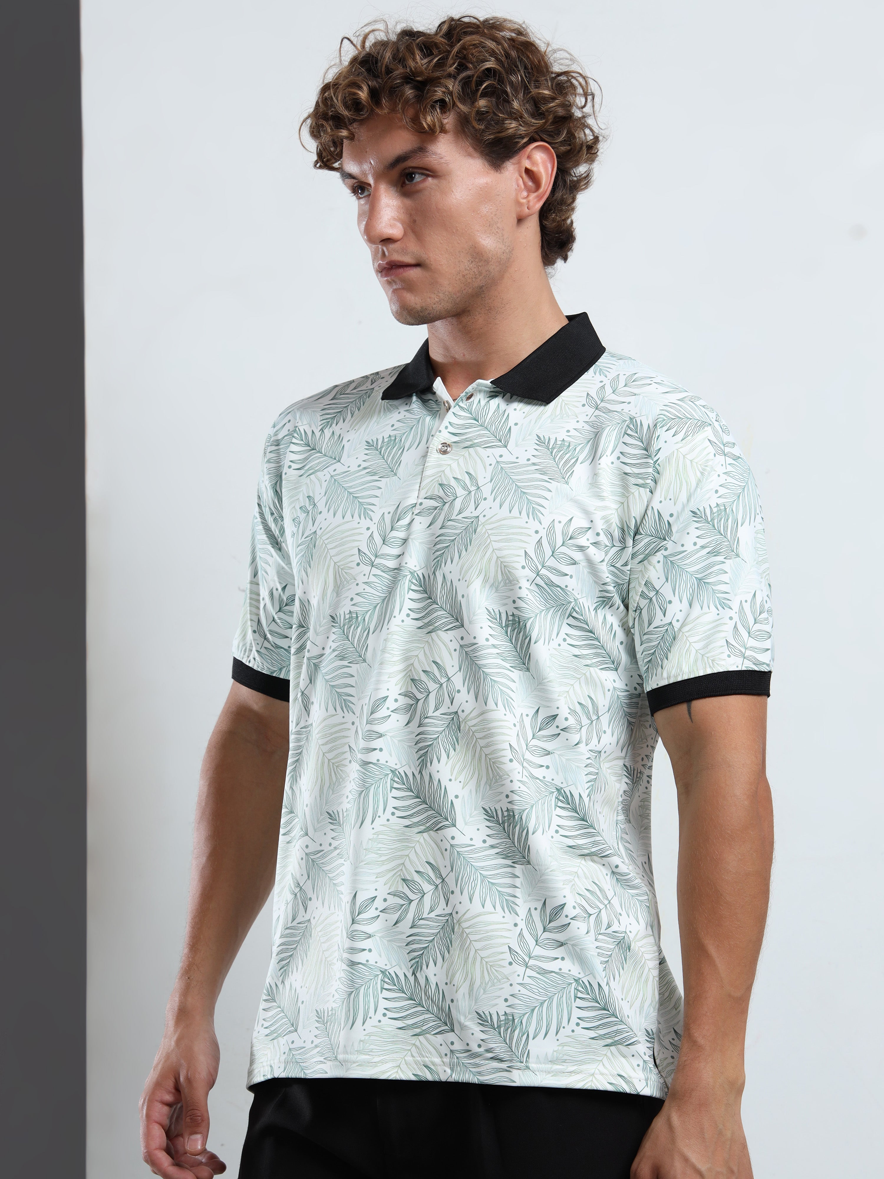 Men’s Leaf-Print Polo T-Shirt